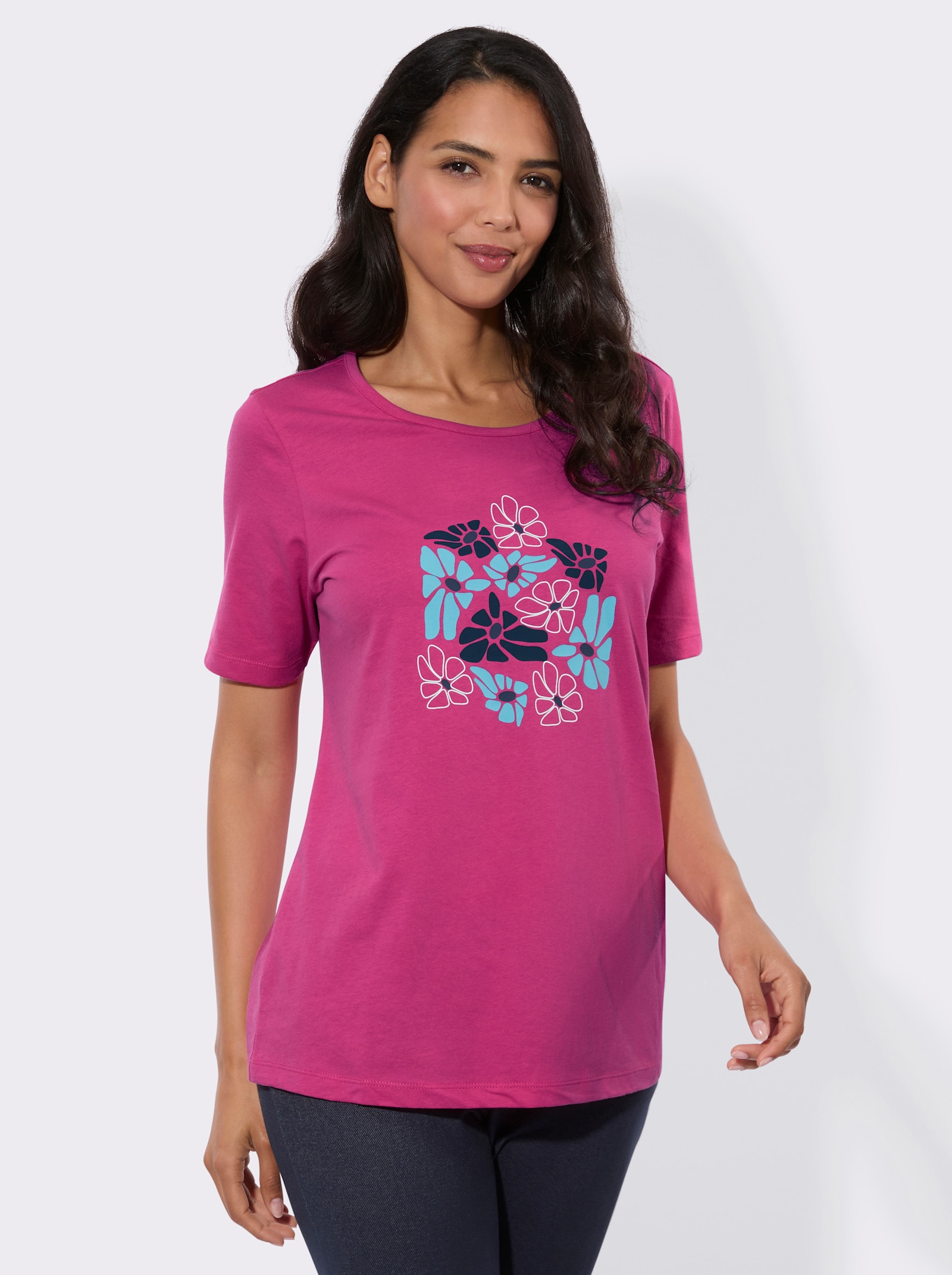 Kurzarmshirt mit platziertem Blumen-Print - fuchsia
