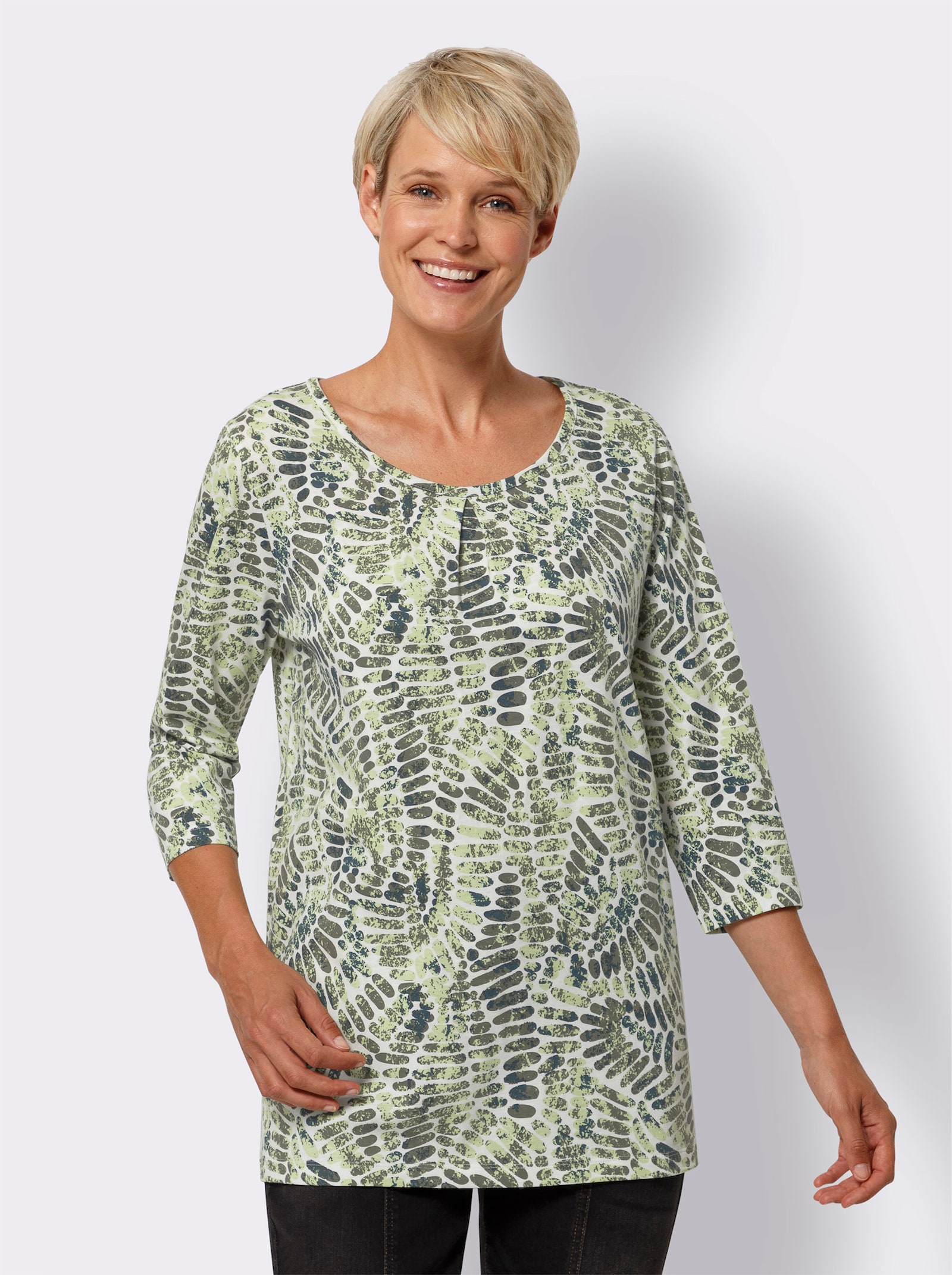 Longshirt mit Kellerfalte vorne - ecru-pistazie-bedruckt