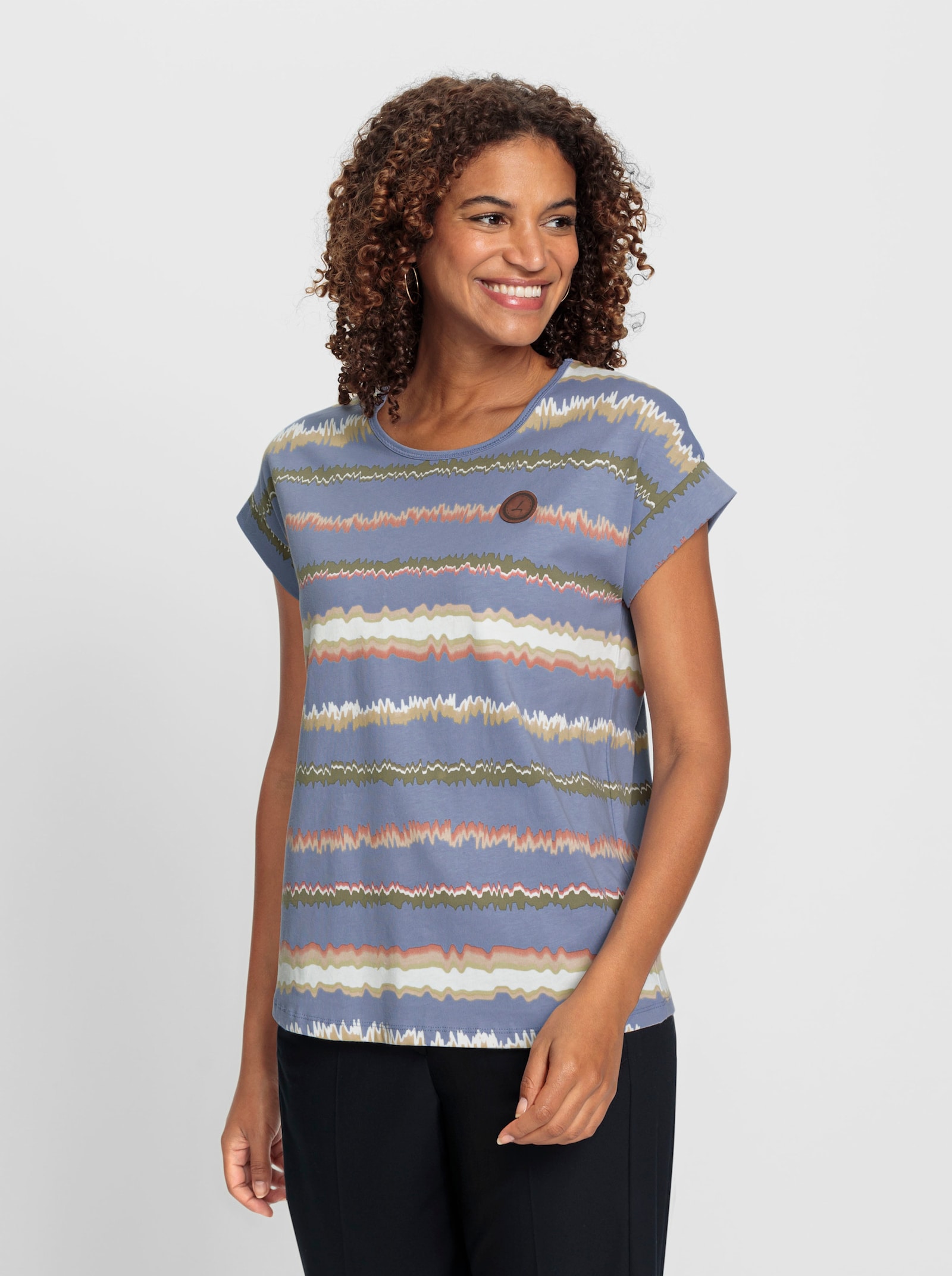 Print-Shirt mit Ziernähten, geringelt - taubenblau-ecru-bedruckt