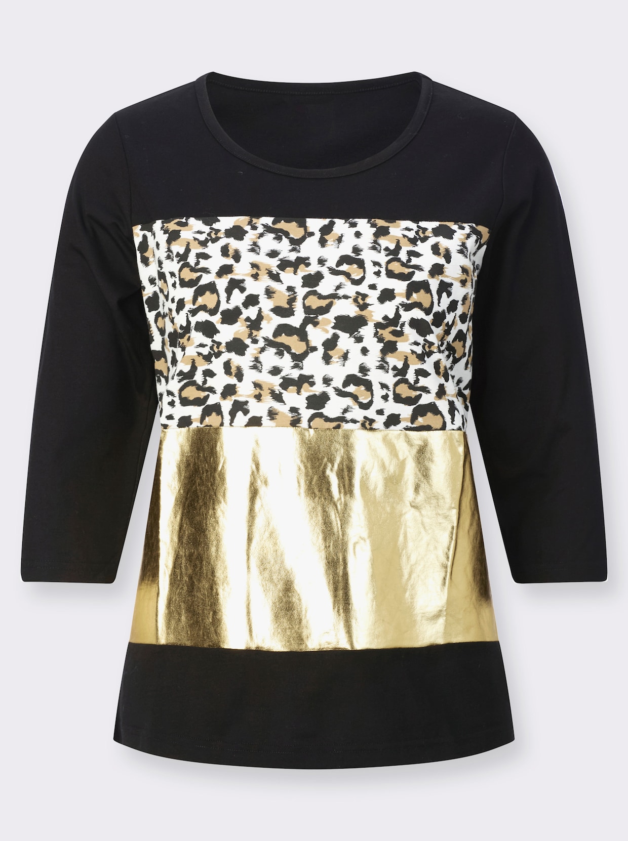 Shirt met ronde hals - zwart/camel bedrukt