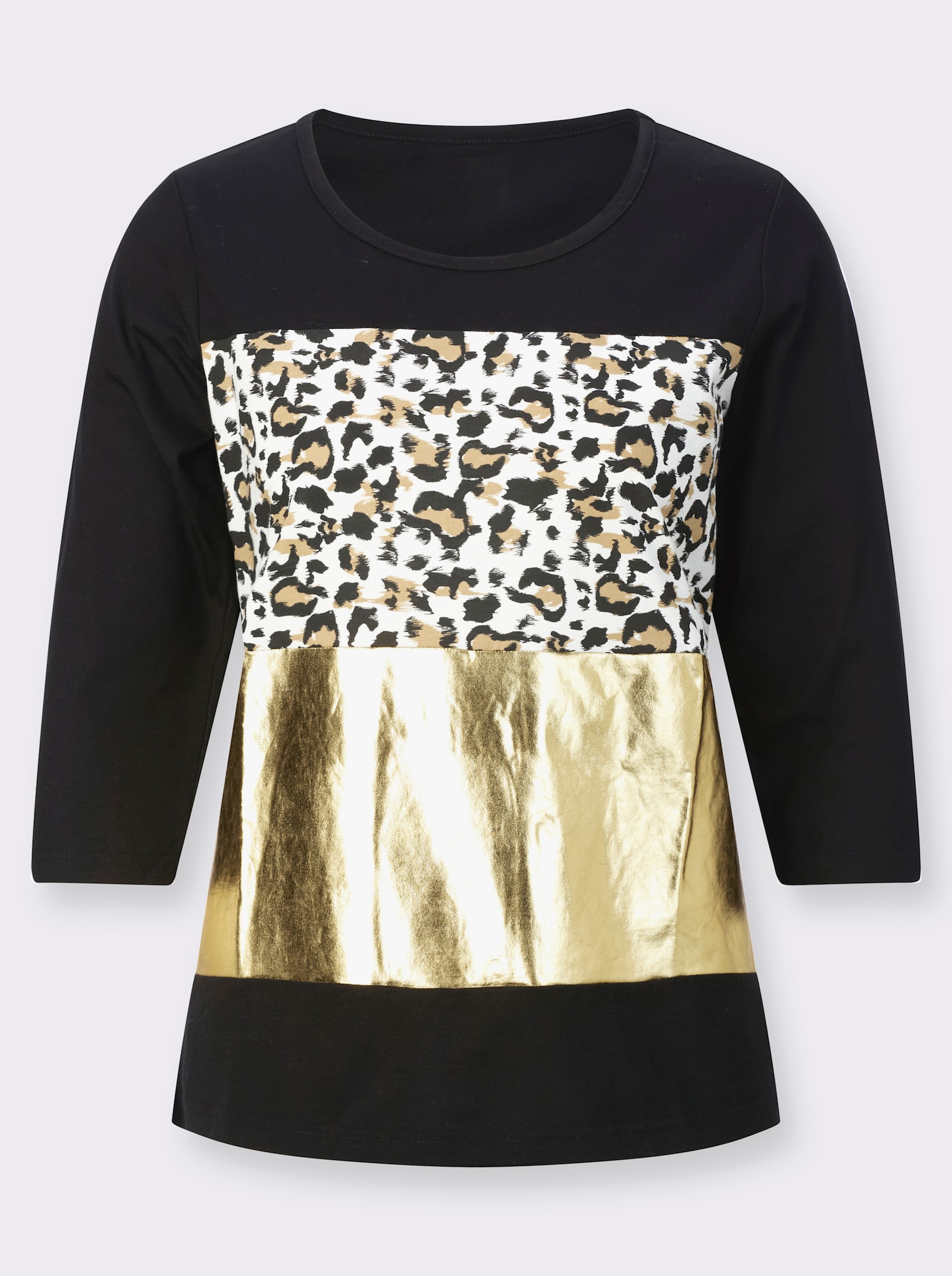 Rundhalsshirt mit Foliendruck - schwarz-camel-bedruckt