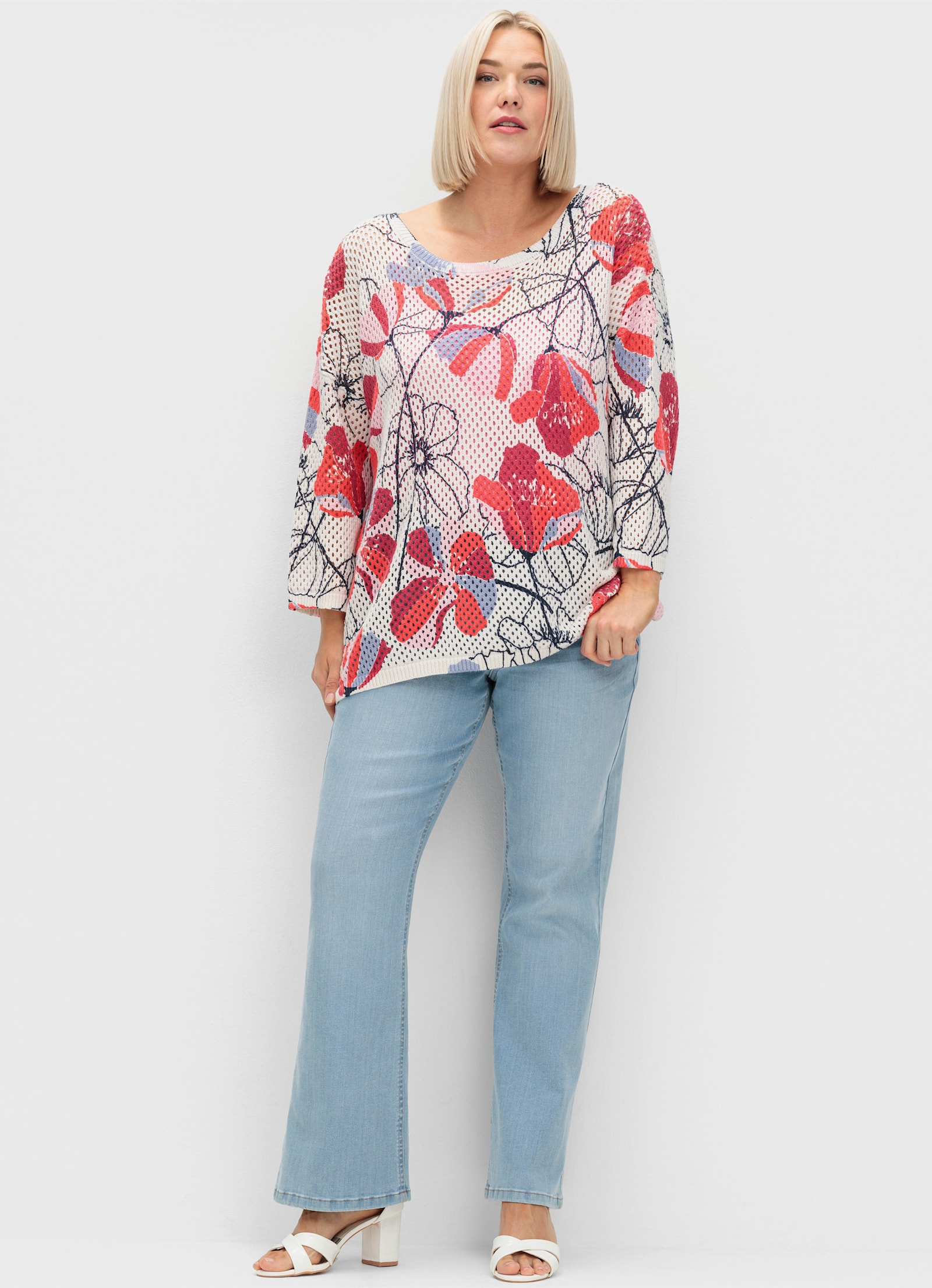 sheego Pullover mit Lochstrickmuster - champagner-gemustert