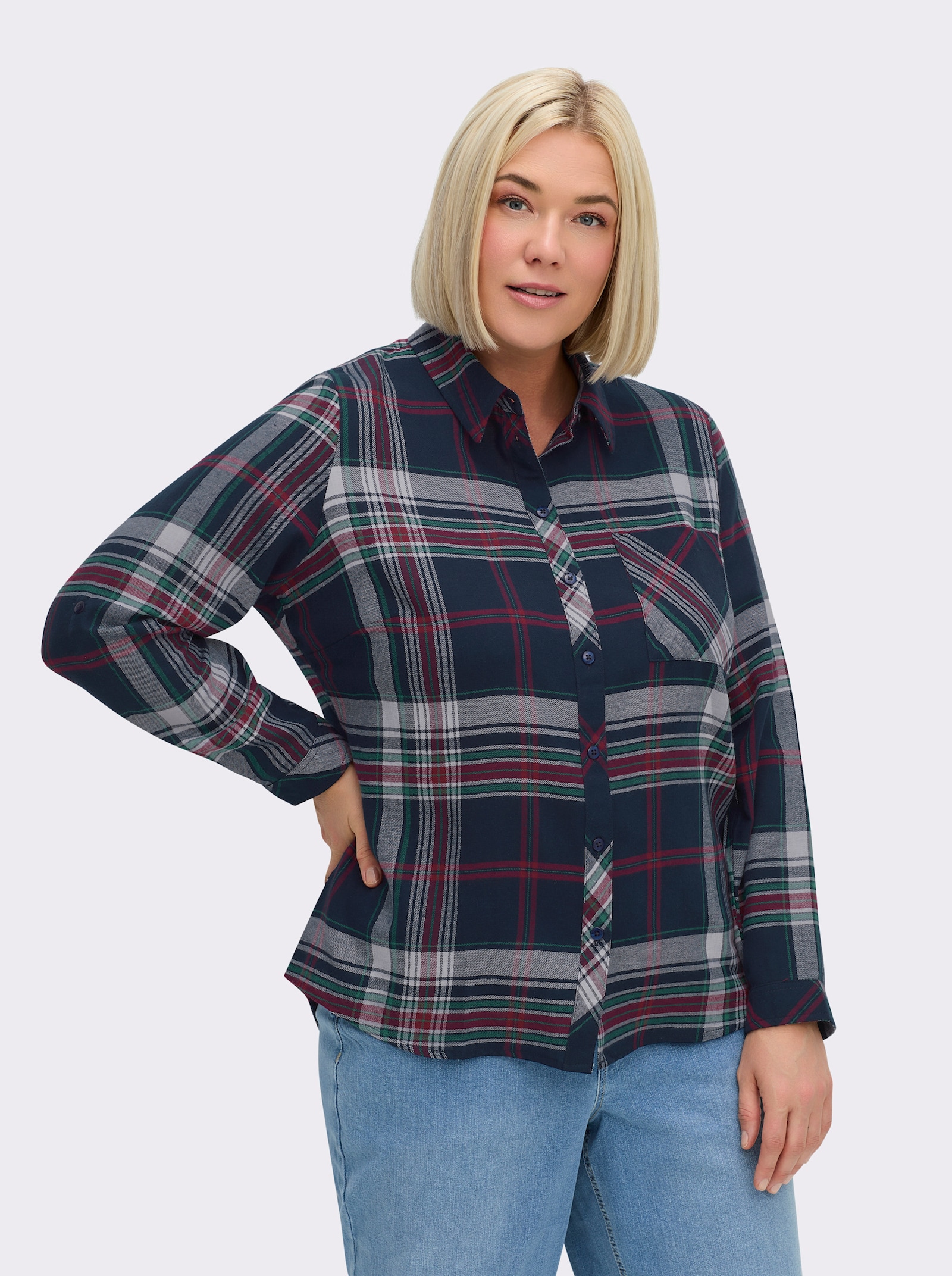Flanellbluse mit Krempelärmeln - marine-kirsche-kariert