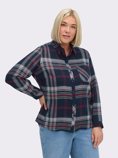 Flanellbluse mit Krempelärmeln - marine-kirsche-kariert
