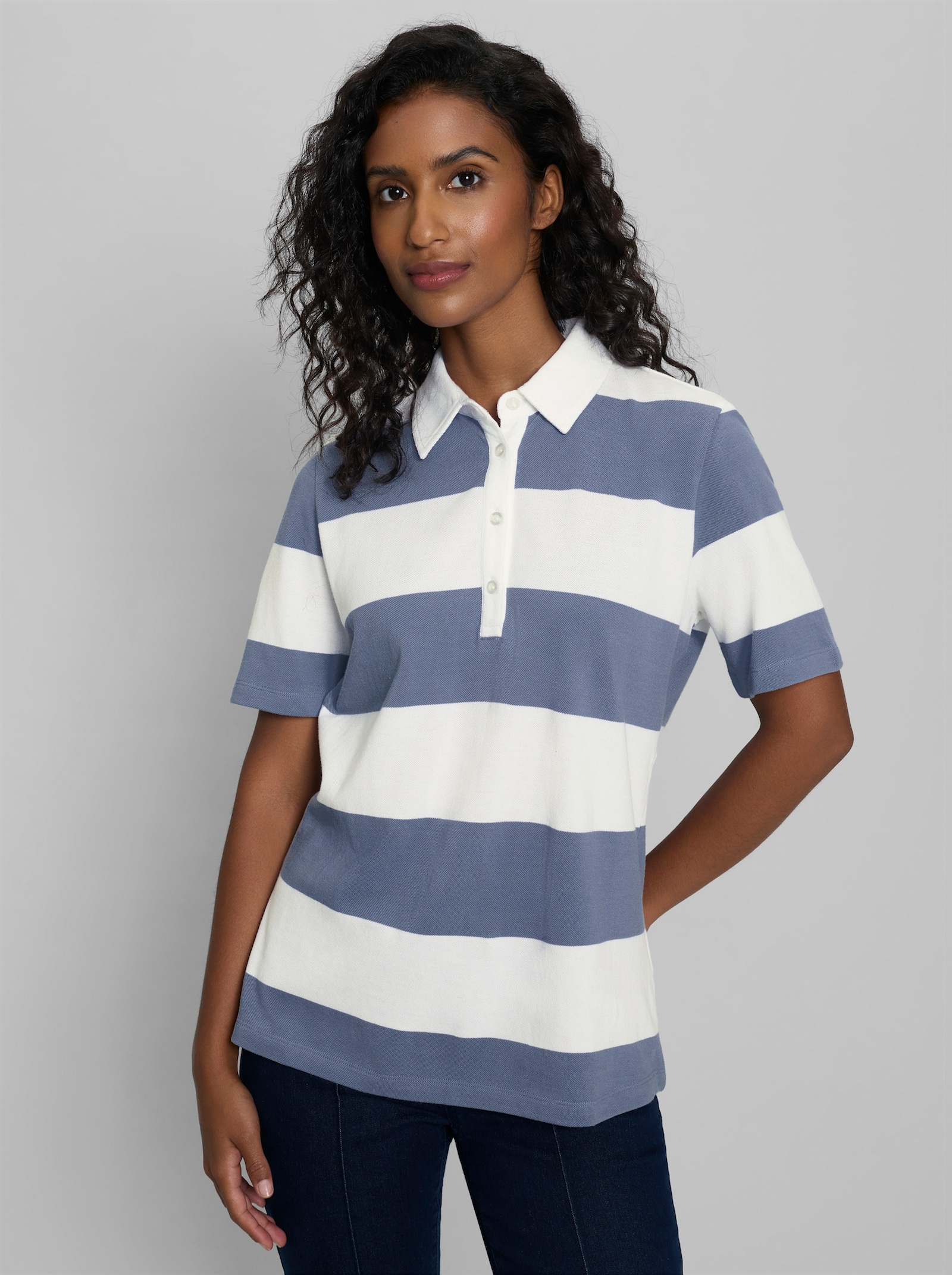 heine Poloshirt mit Blockstreifen - taubenblau-ecru-gestreift