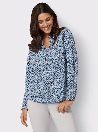 Langarmbluse mit offenem Hemdkragen - dunkelblau-weiß-bedruckt