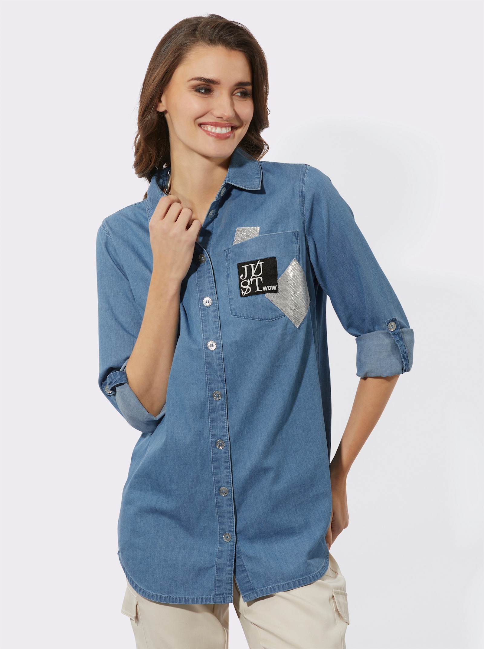 Longbluse mit Glitzerknöpfen - blue-bleached