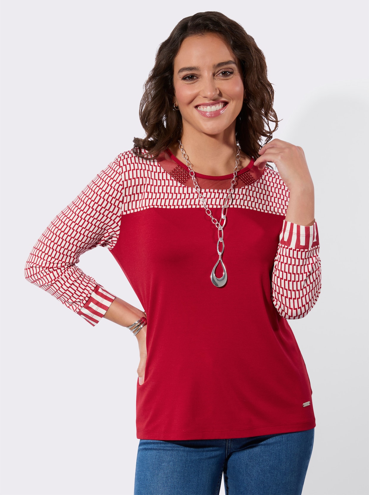 3/4-Arm-Shirt - rot-ecru-bedruckt