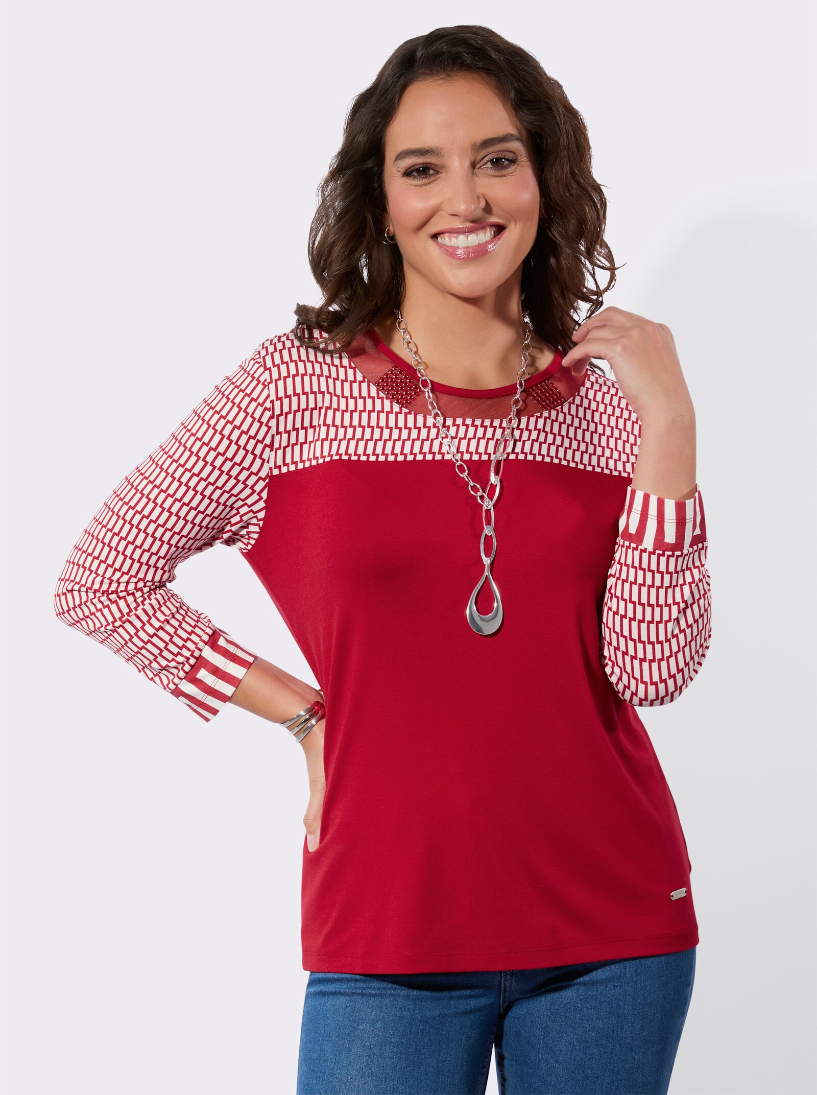 3/4-Arm-Shirt mit Mesh-Einsatz am Ausschnitt - rot-ecru-bedruckt