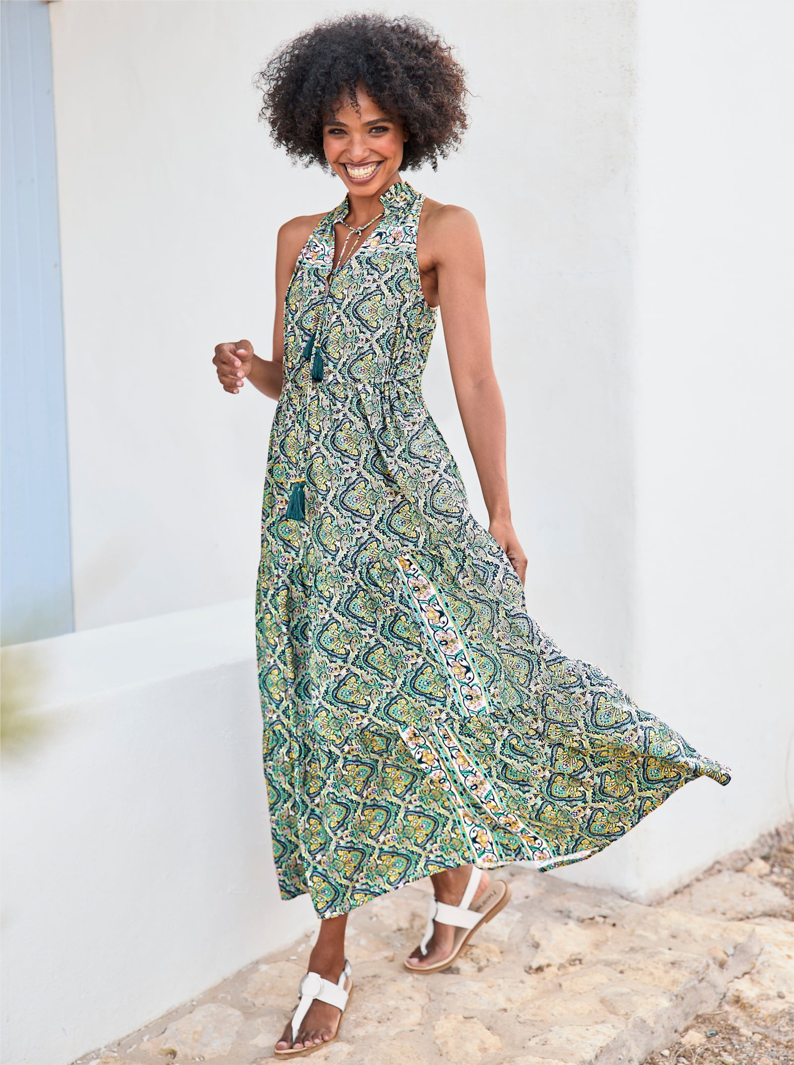 heine Robe fleurie, longueur maxi - bleu vert-jaune imprimé