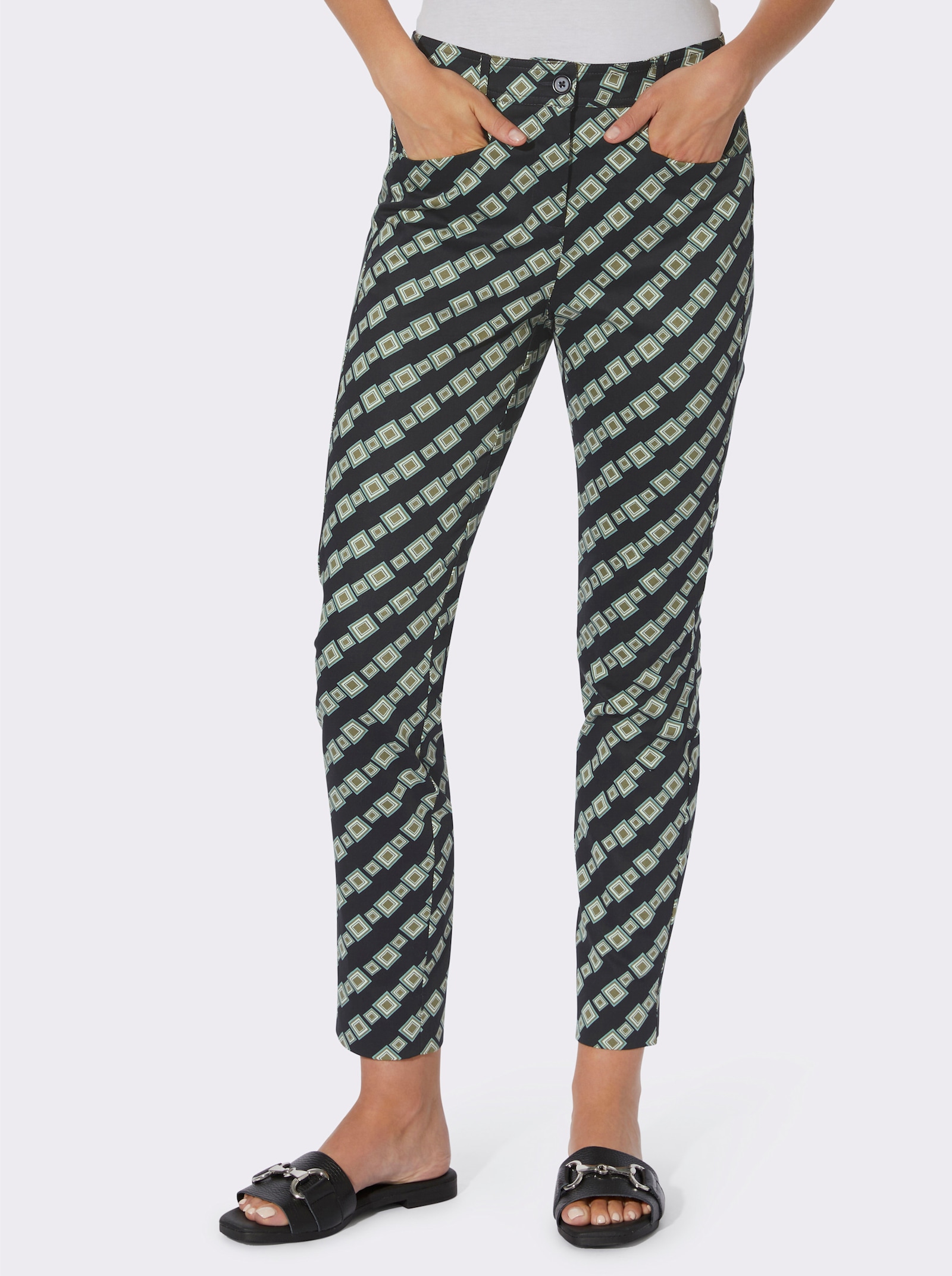 heine Broek met print en paspelzakken, achter - zwart/champagne gedessineerd