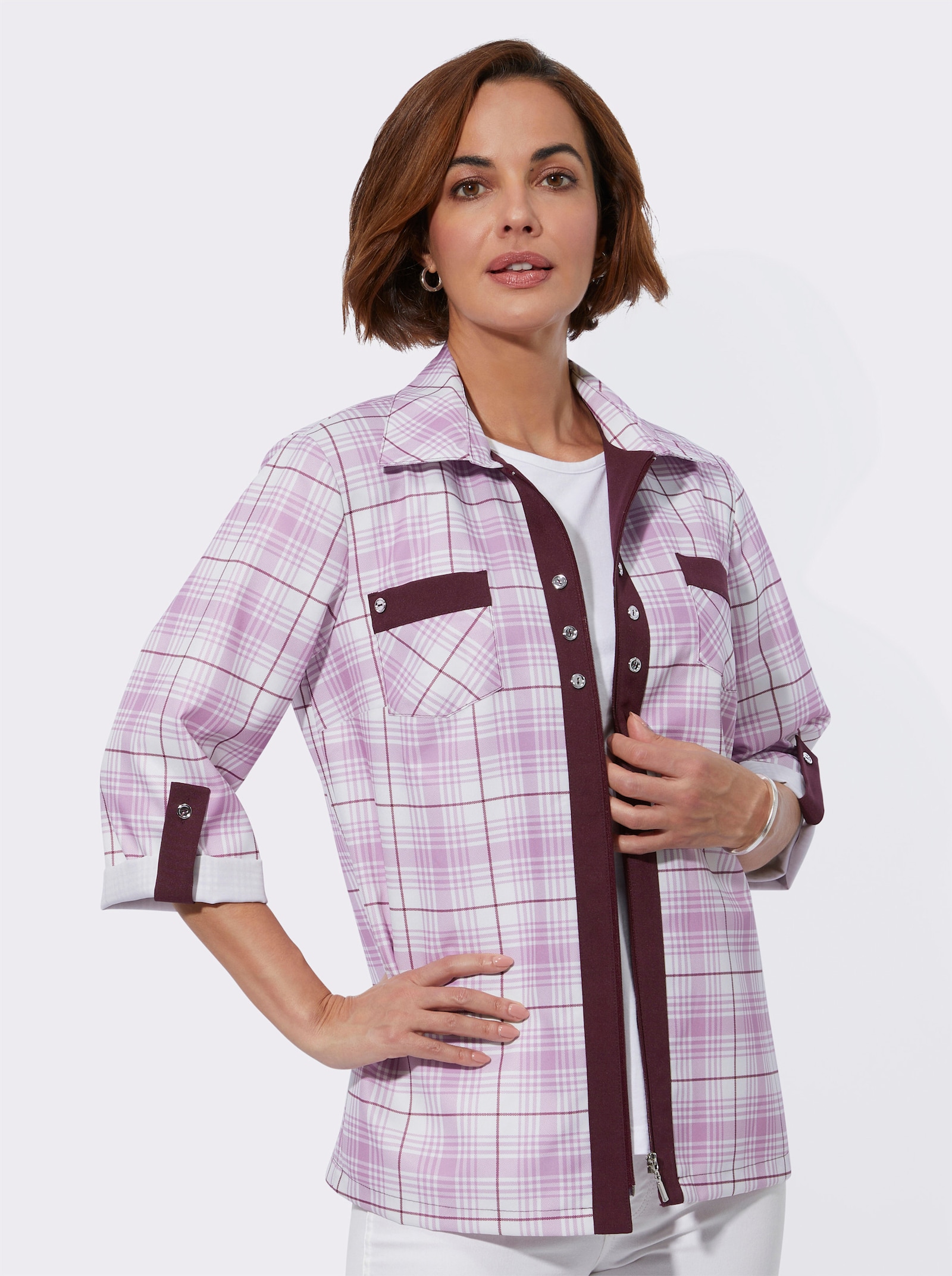 Blusenjacke mit kontrastfarbigen Blenden - orchidee-burgund-kariert