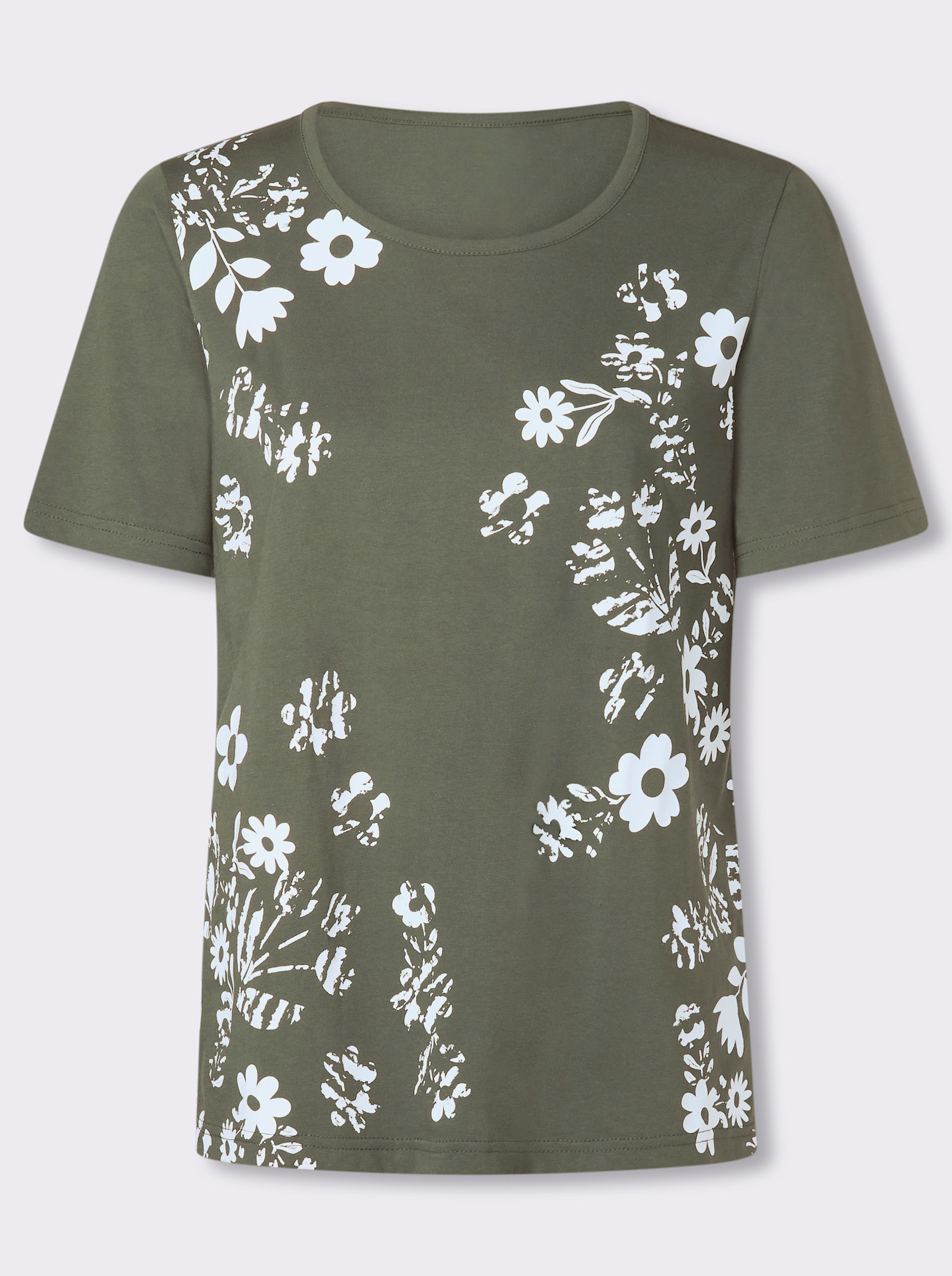 Kurzarmshirt mit Blüten-Druck - khaki-weiß