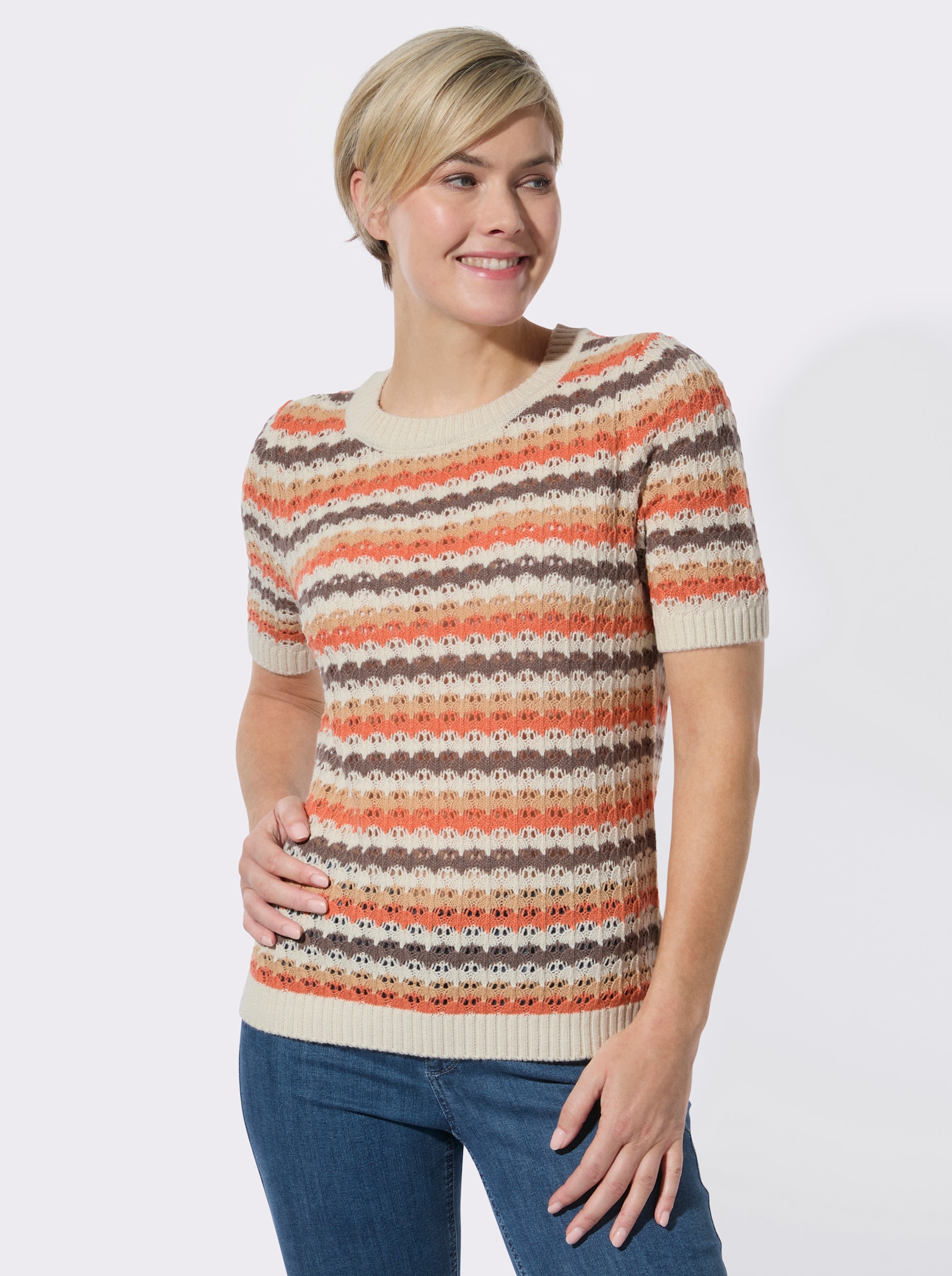 Ajourpullover mit Ringel-Muster - sand-dunkeltaupe-geringelt