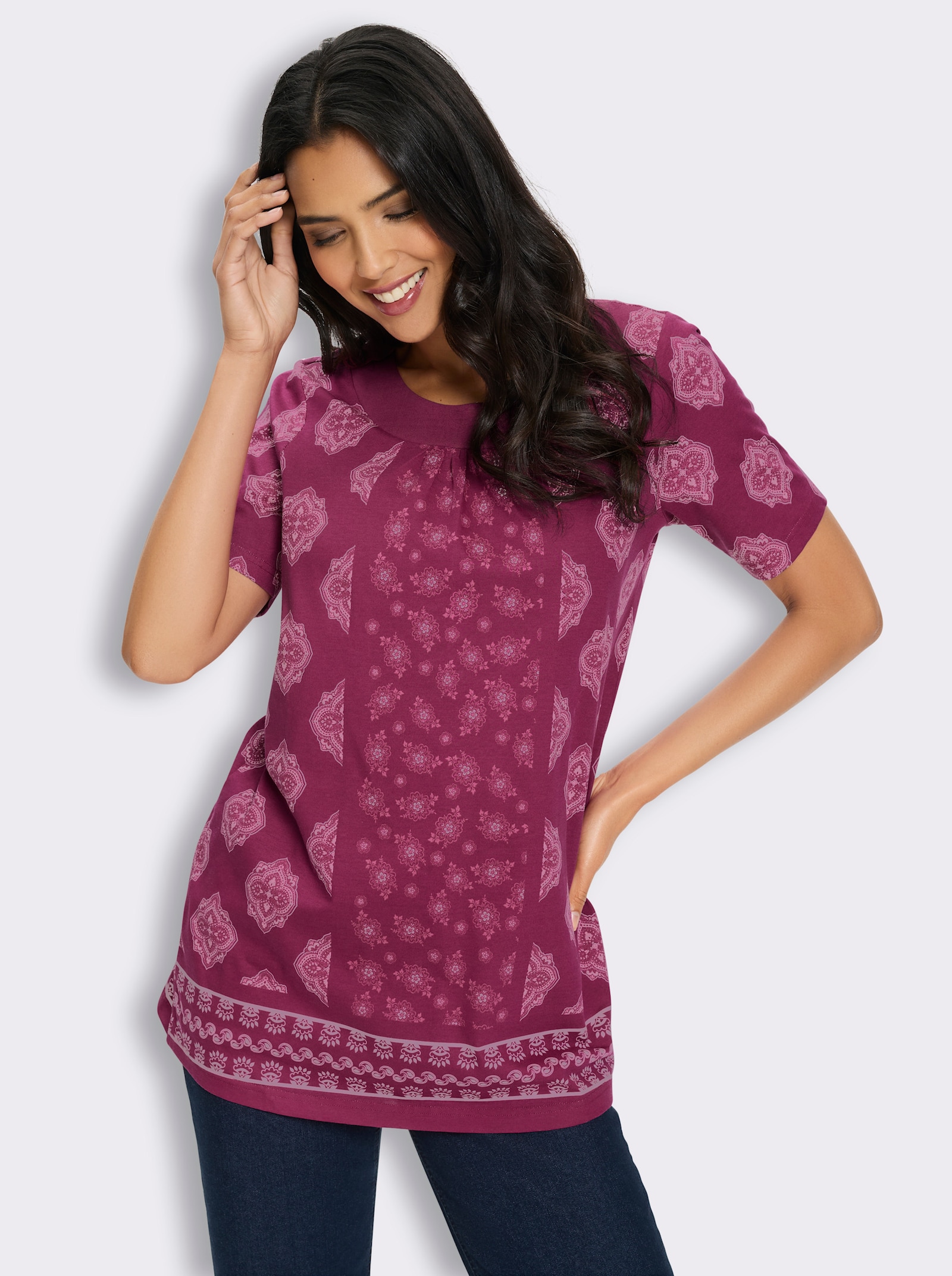 Longshirt mit gekräuseltem Rundhals-Ausschnitt - malve-hellrosé-bedruckt