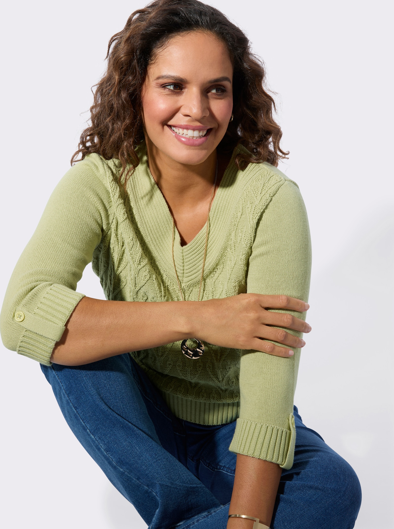 Baumwollpullover mit Strukturstrick-Muster - lindgrün