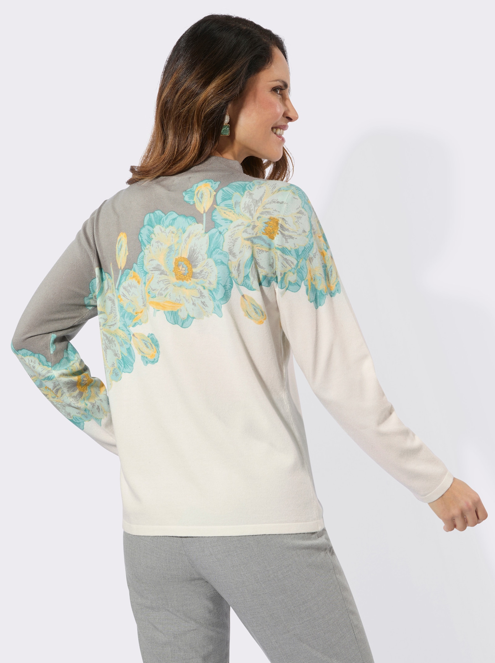 Langarm-Pullover mit Kelchkragen - ecru-salbei-bedruckt