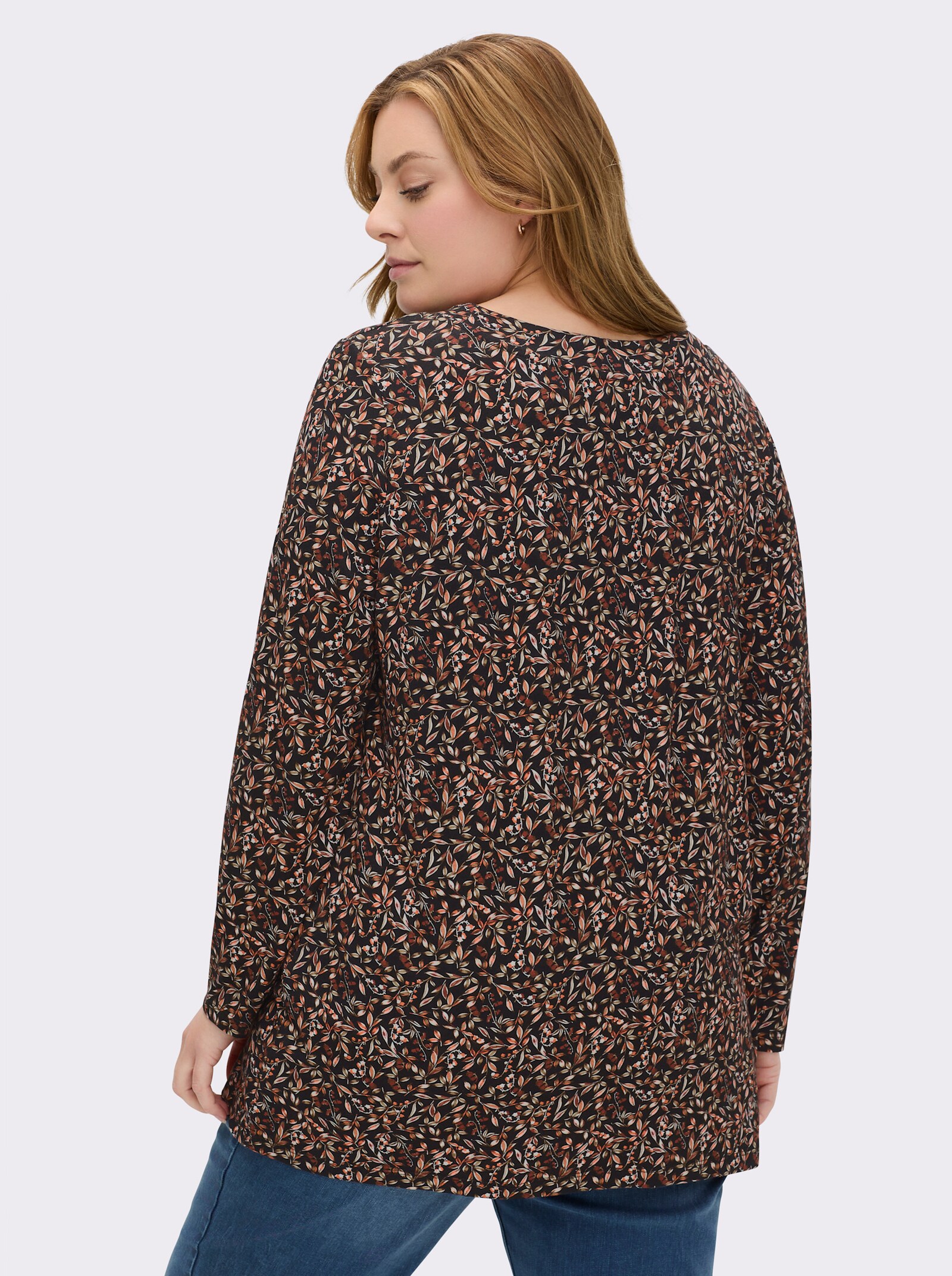 Tunikashirt mit Raffung am Ausschnitt - schwarz-rostrot-bedruckt