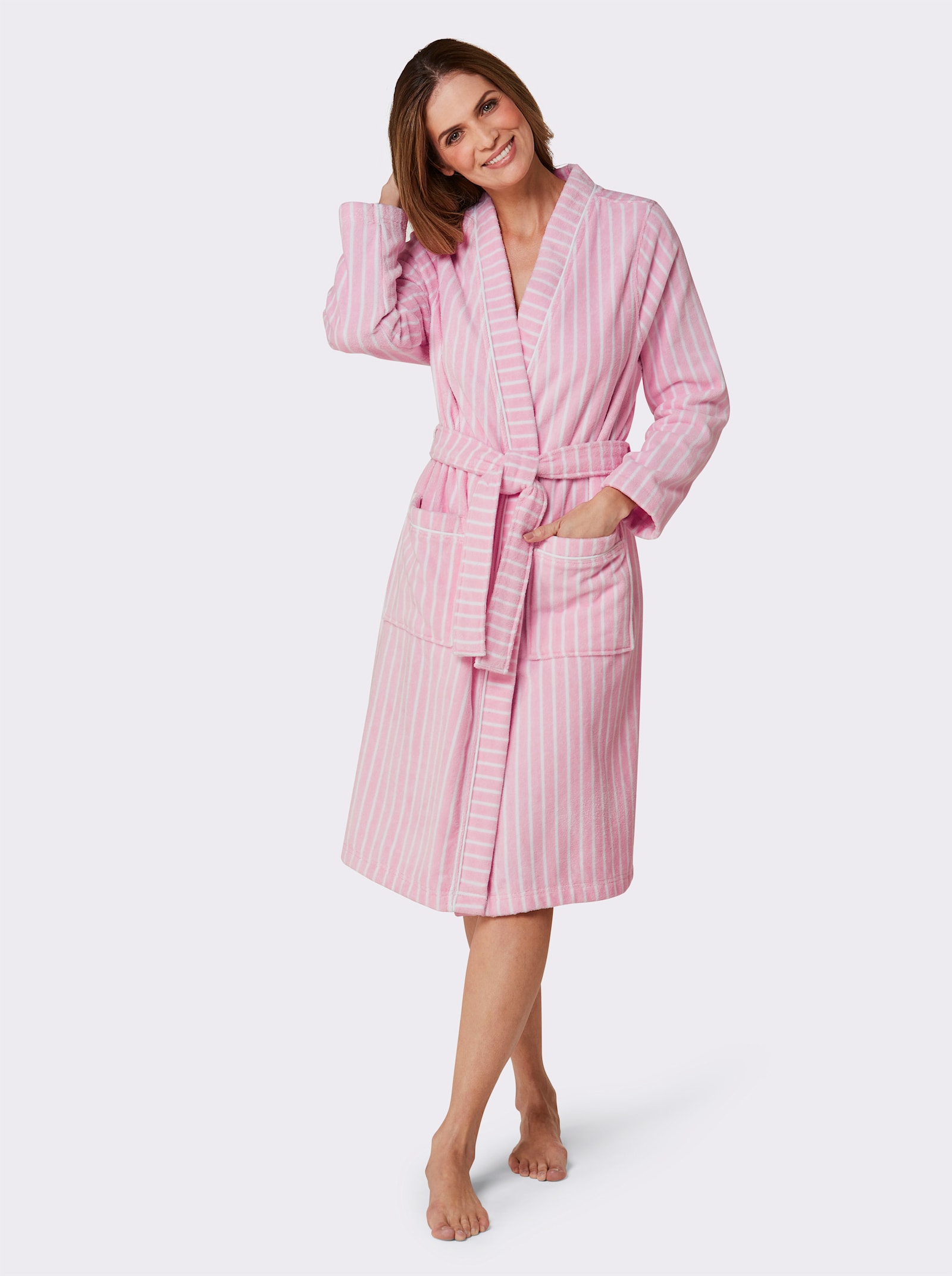 feel good Bademantel - hellrosé-weiß-geringelt