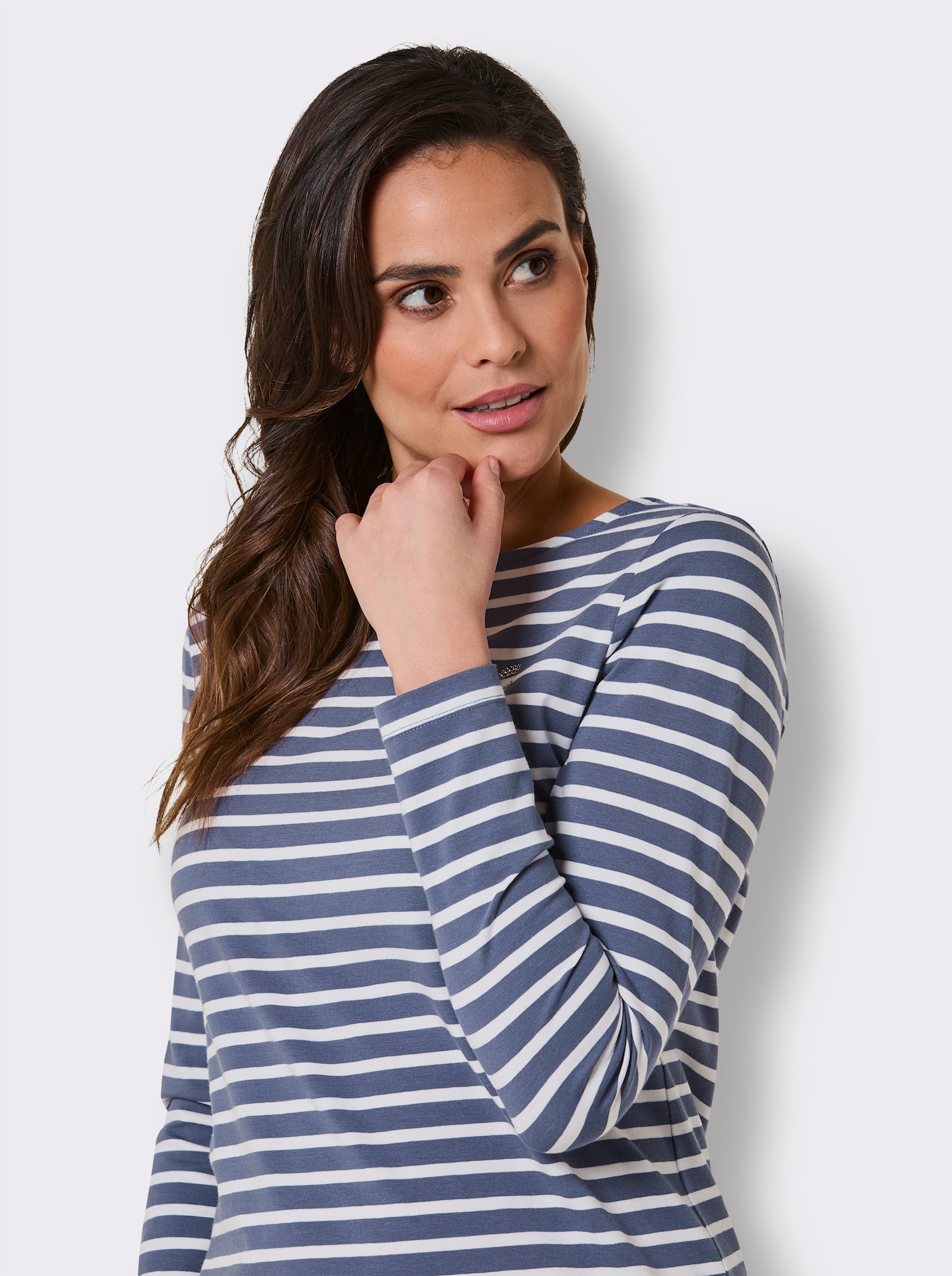 CREATION L PREMIUM Ringelshirt mit Strass-Steinchen - rauchblau-weiß-geringelt