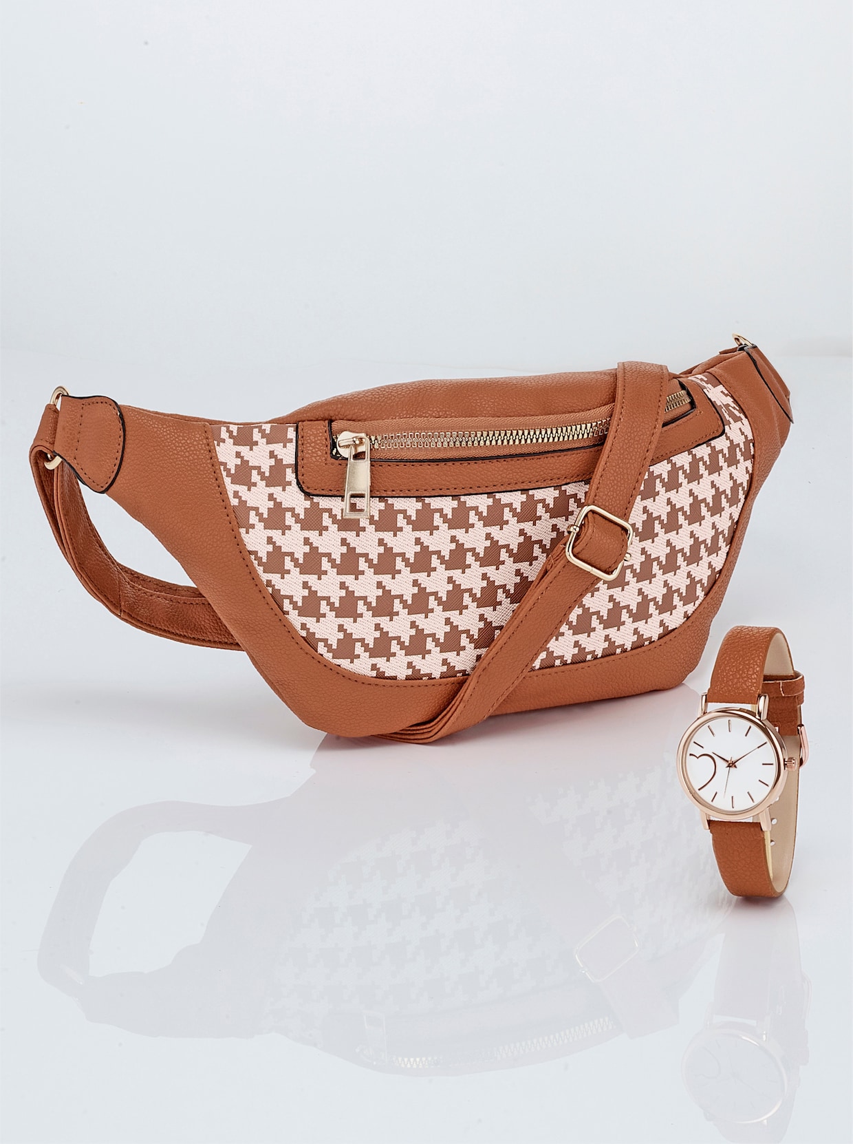Bauchtasche + Uhr - beige-gemustert