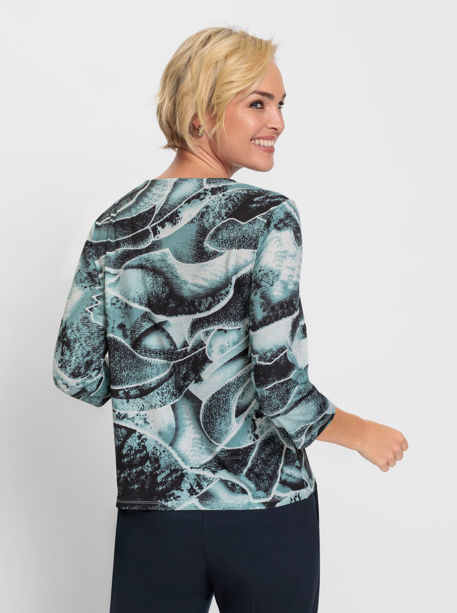 Tričko s kulatým výstřihem a grafickým vzorem - nefritová-bílá-potisk