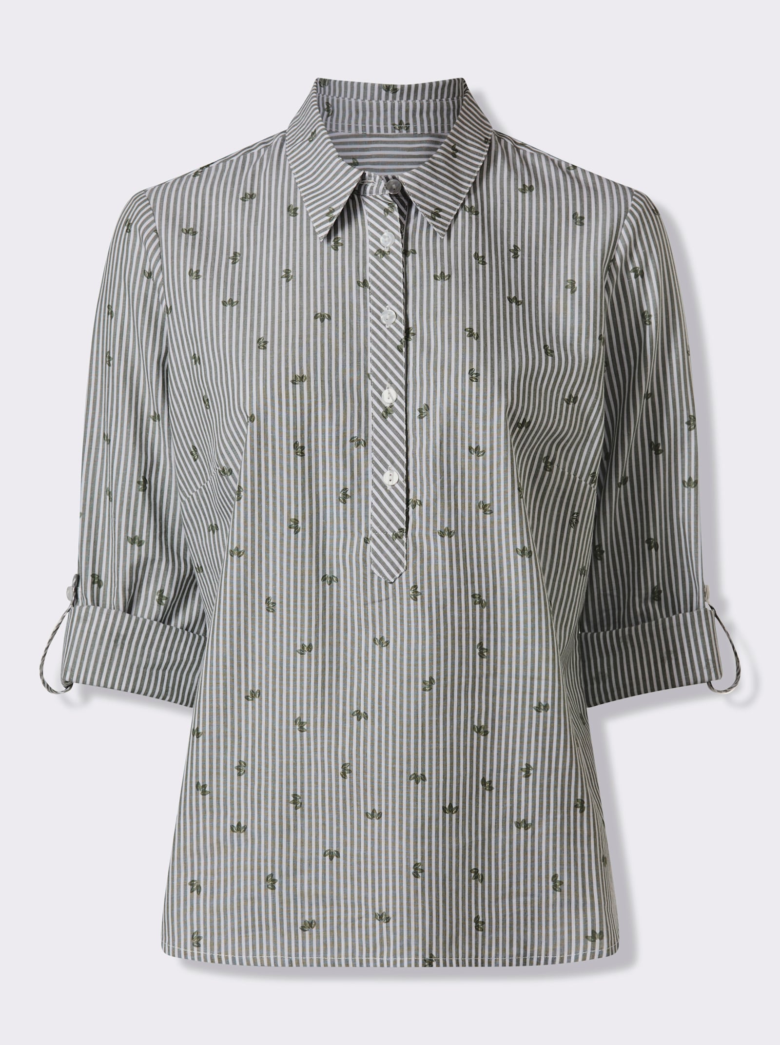 Baumwollbluse mit Krempel-Ärmeln - khaki-gestreift