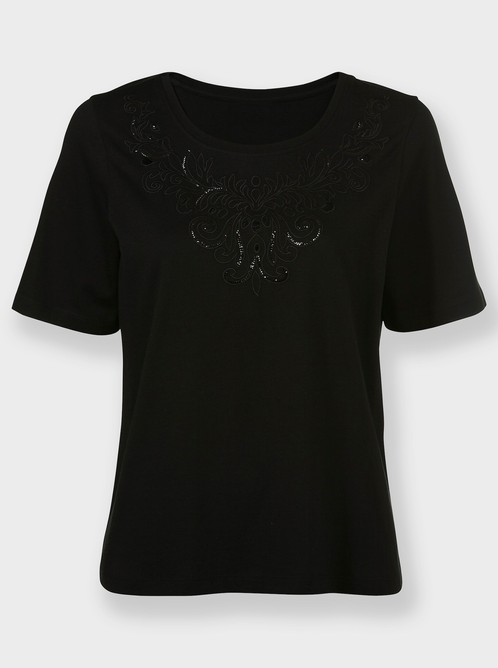 Kurzarmshirt mit Ornament-Stickerei - schwarz