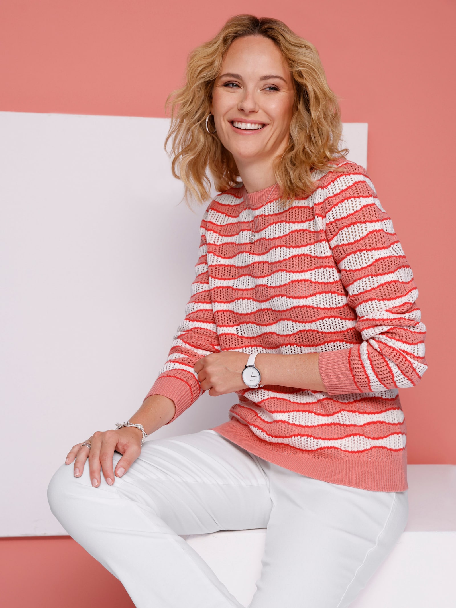 Ajourpullover mit gewelltem Streifen-Dessin - flamingo-ecru-gemustert