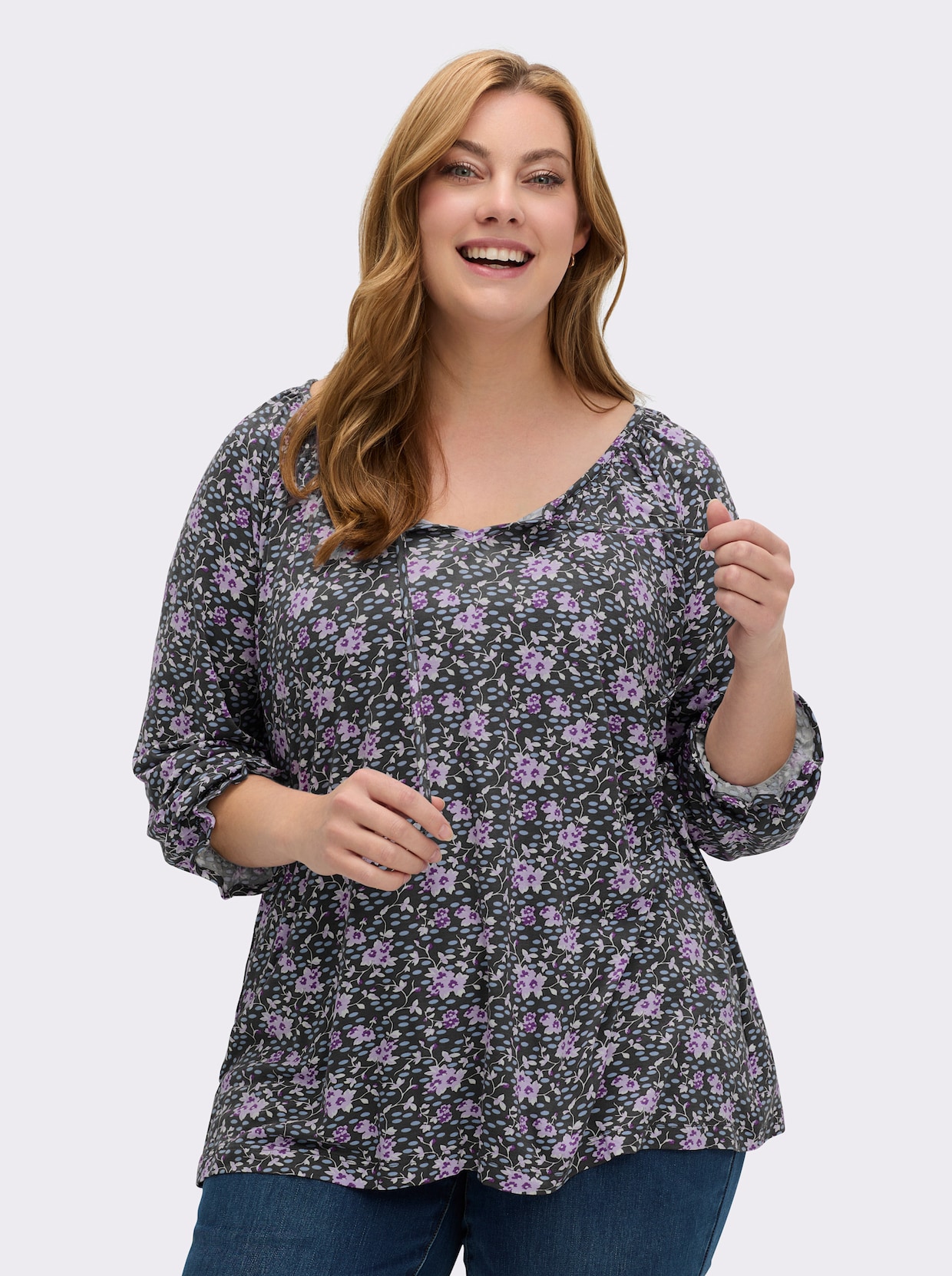 Tunikashirt in weit ausgestellter A-Linie - graphit-flieder-gemustert