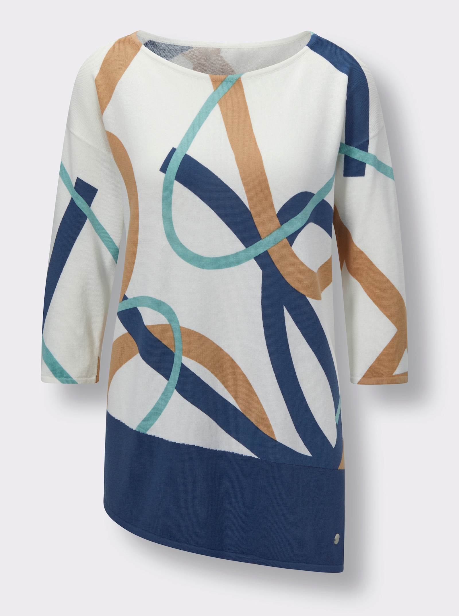 CREATION L PREMIUM 3/4 Arm-Pullover mit asymmetrischem Saum - ecru-jeansblau-gemustert