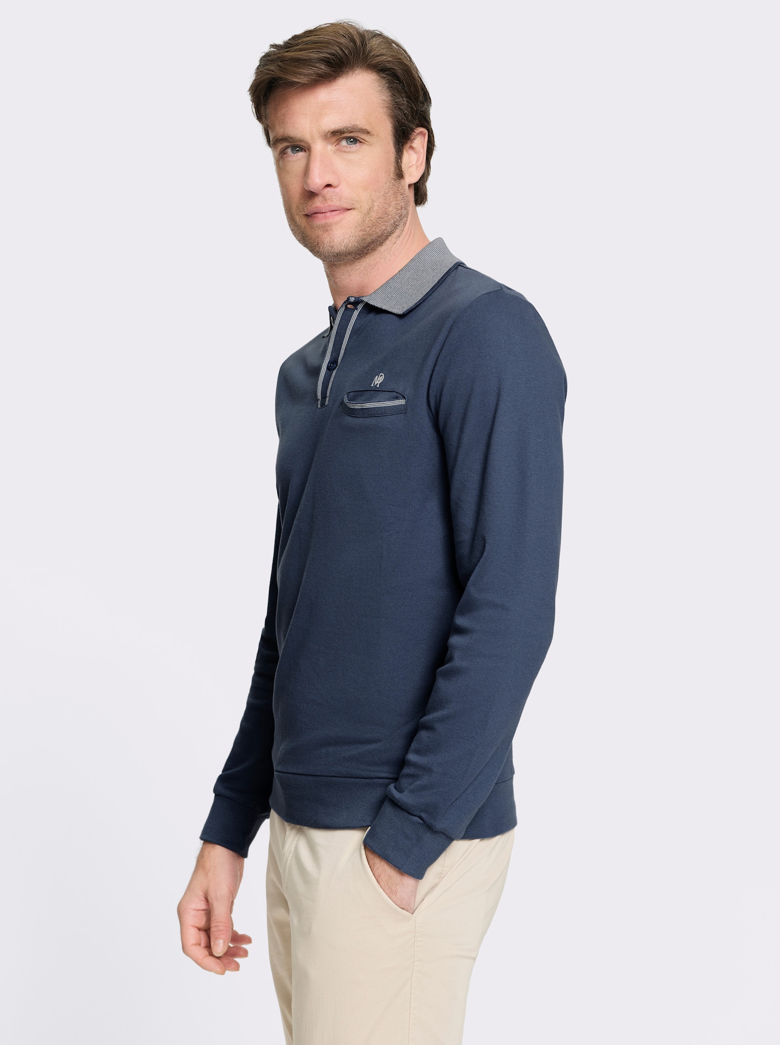 Marco Donati Langarm-Poloshirt mit Logo-Stickerei - rauchblau