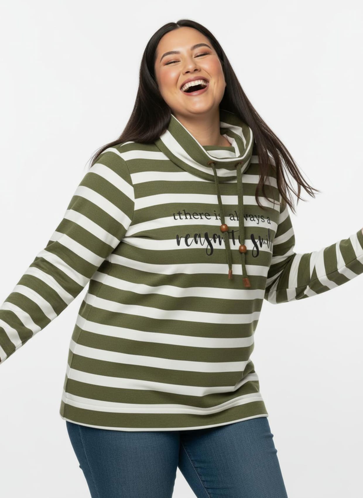 Sweatshirt mit elastischem Saum - oliv-ecru-geringelt