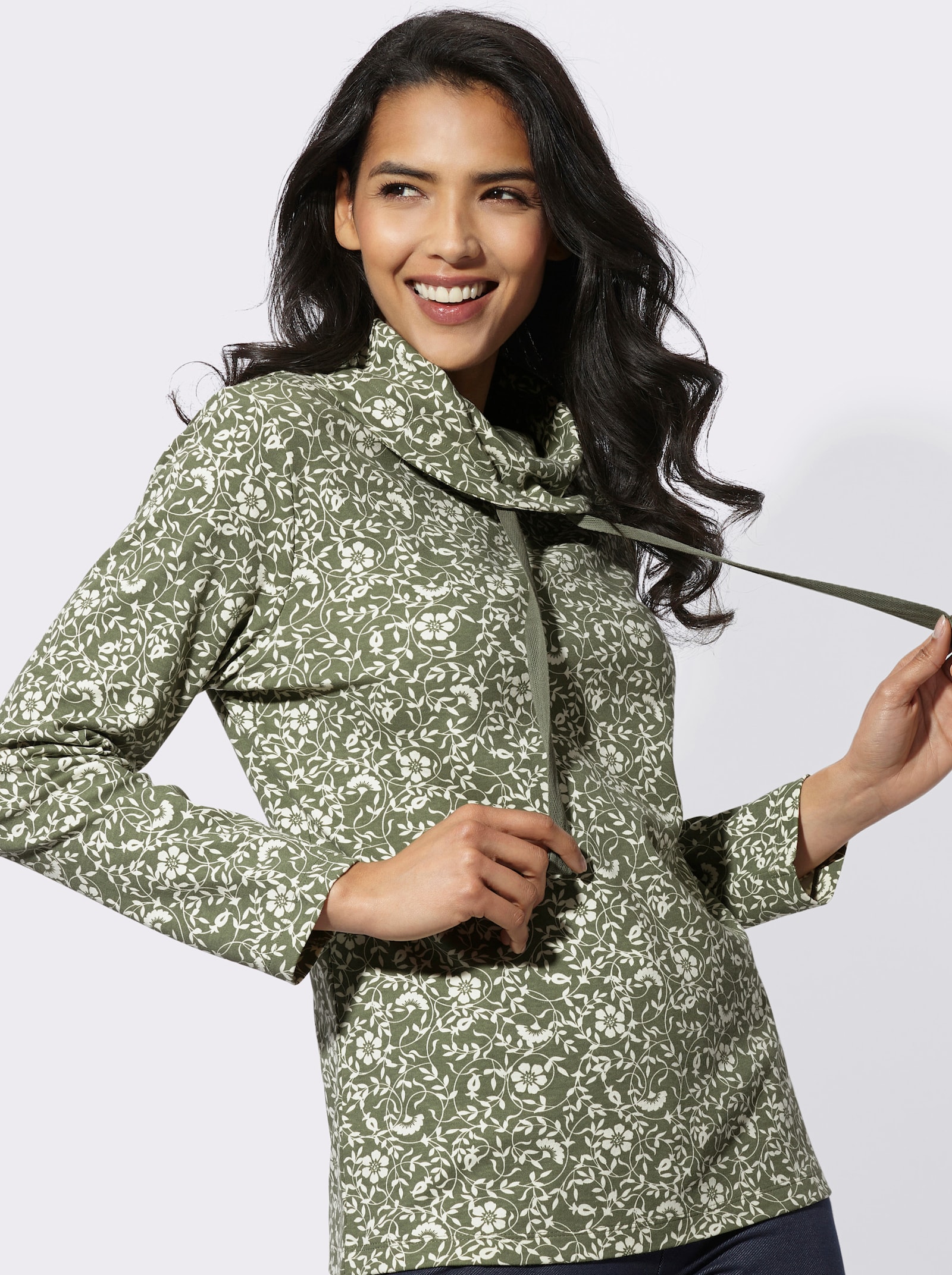 Sweatshirt mit weitem Rollkragen - khaki-champagner-bedruckt