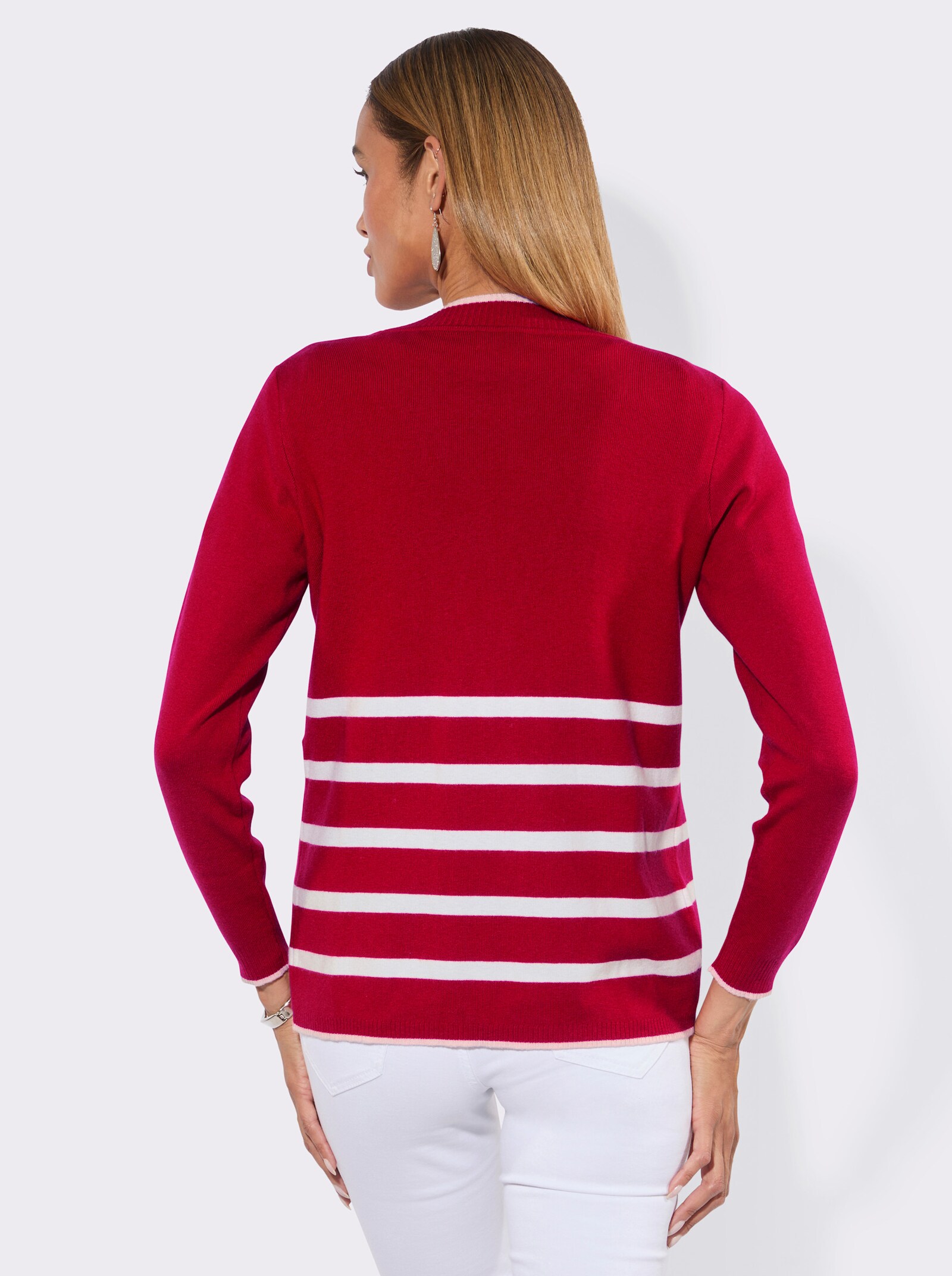 Feinstrickjacke mit asymmetrischer Knopfleiste - rot-weiß-geringelt