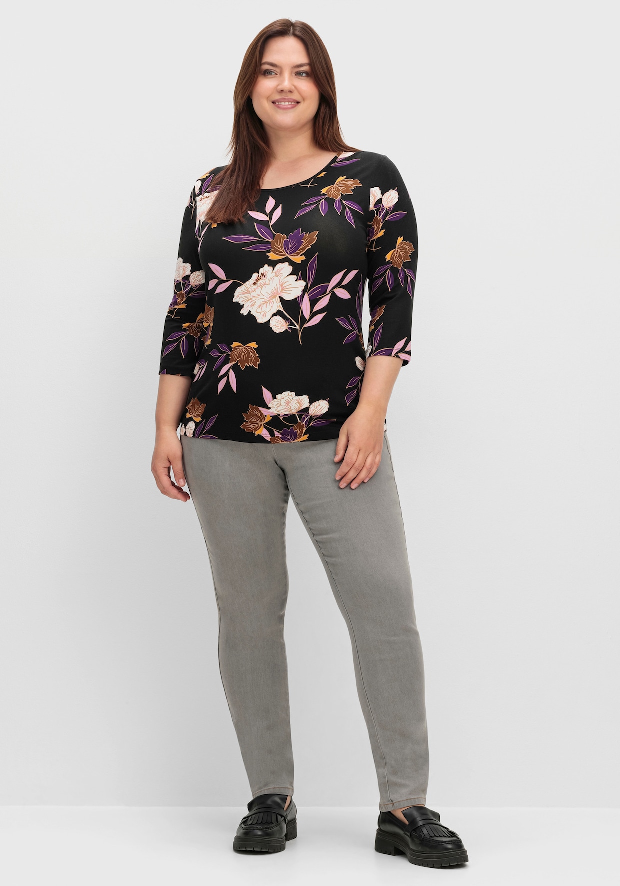Print-Shirt mit floralem Muster - lila-ocker-bedruckt