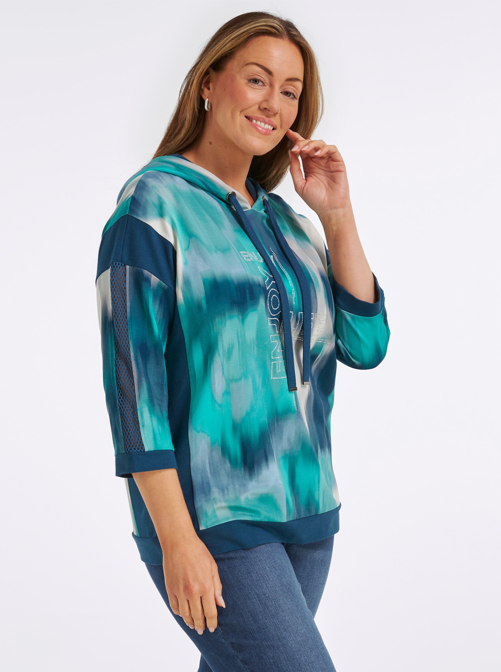 Sweatshirt mit Kontrast-Einsätzen - salbei-dunkelblau-bedruckt
