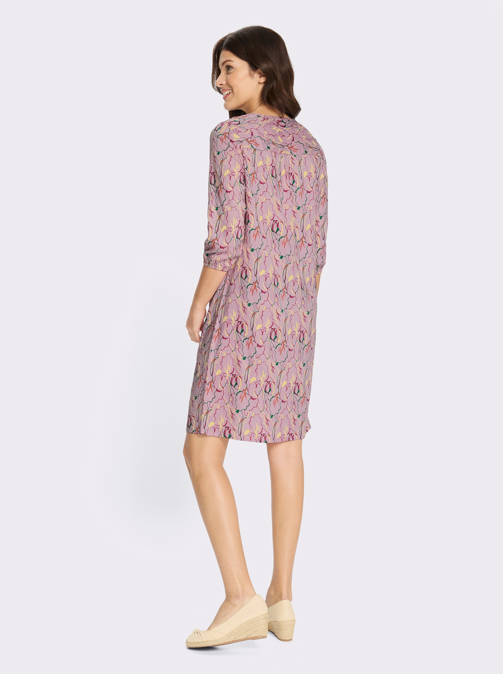 A-Linien-Kleid mit Bindeband am Ausschnitt - rosé-pink-bedruckt