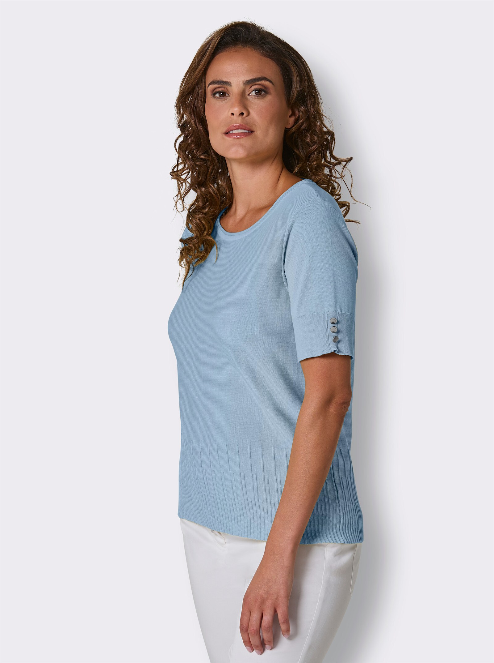 CREATION L PREMIUM Kurzarmpullover mit Zierknöpfen - eisblau