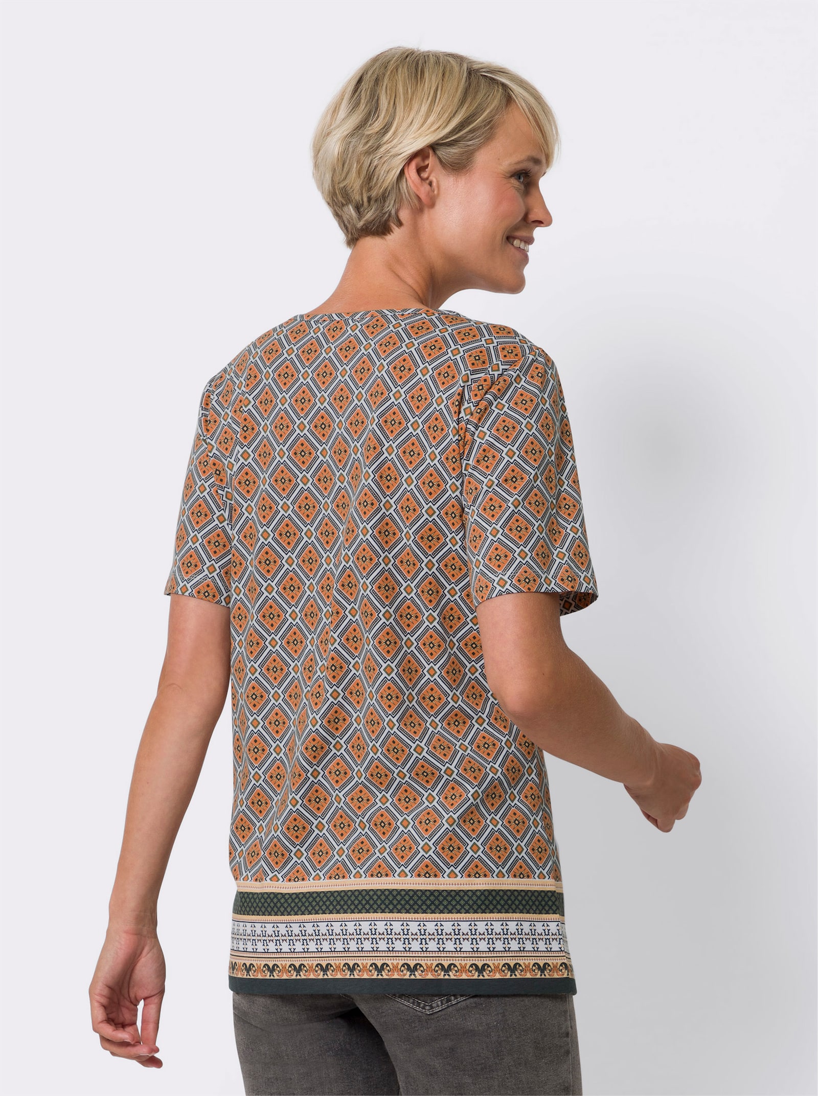 Shirt met korte mouwen en randprint, katoen - papaja/wit bedrukt