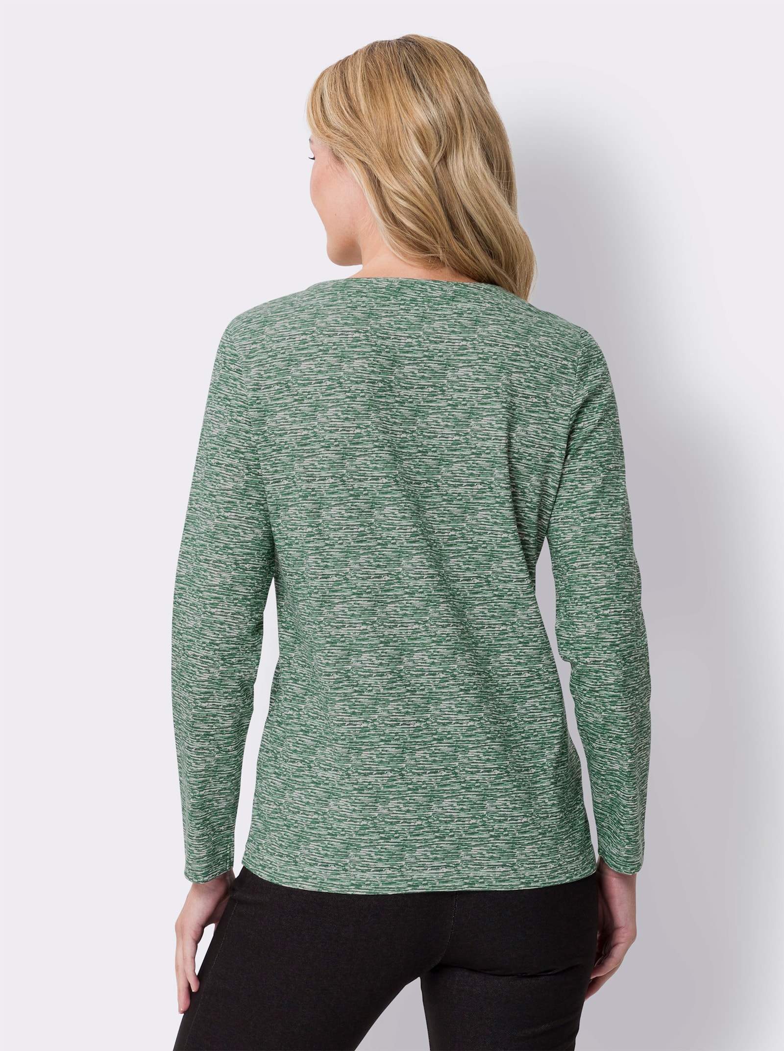 Langarmshirt mit Bindeband am Ausschnitt - moos-ecru-bedruckt