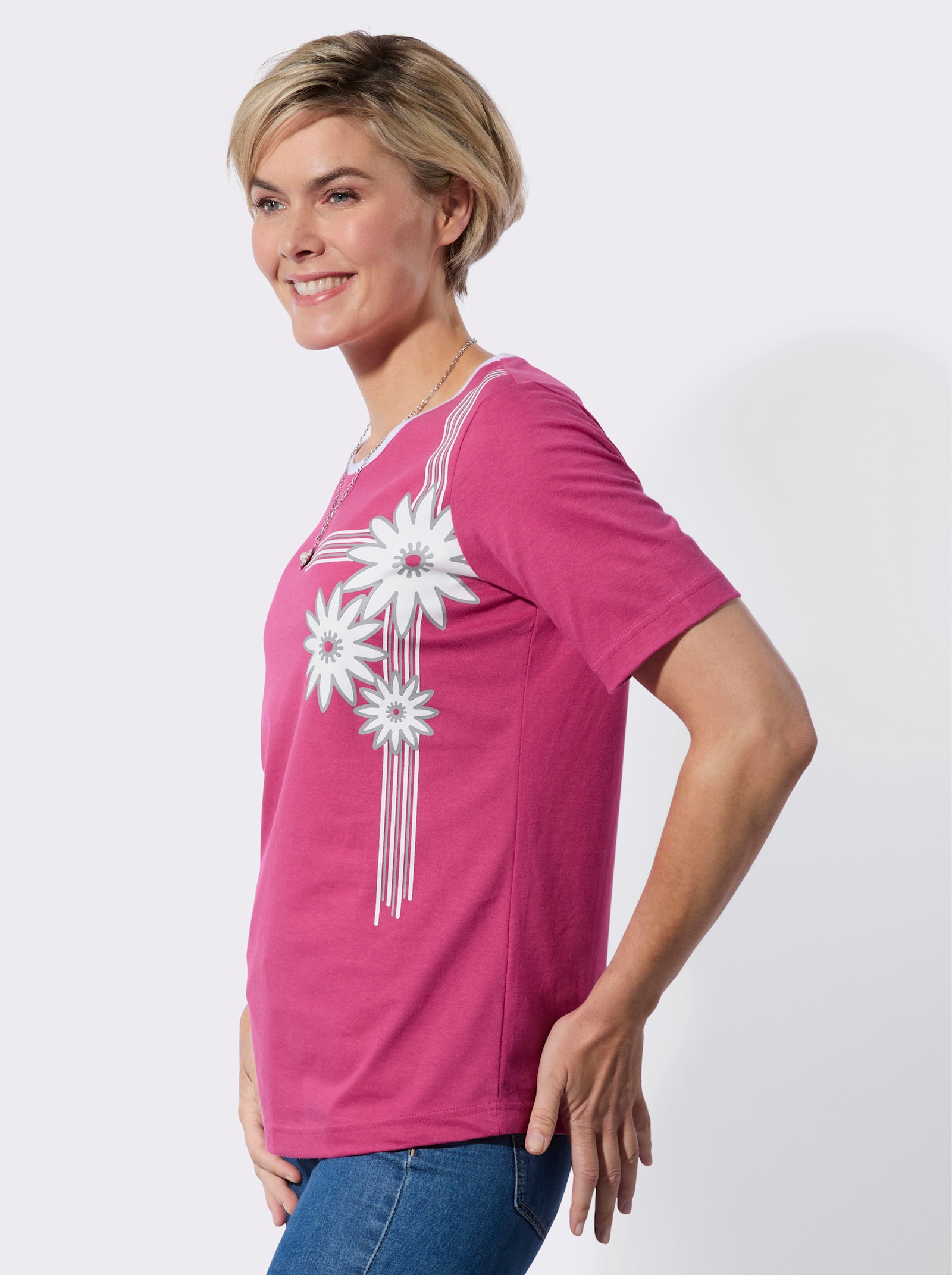 Kurzarmshirt mit platziertem Blütenprint - fuchsia
