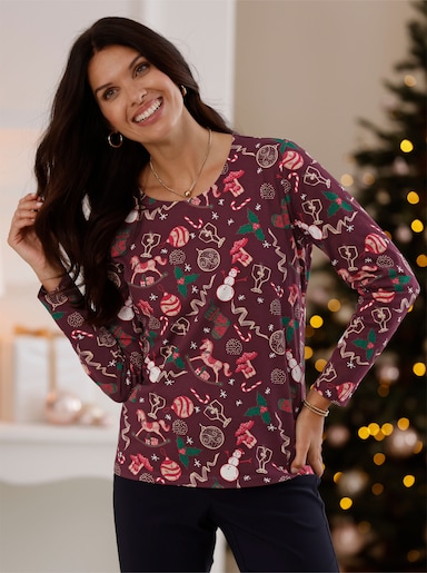 Rundhalsshirt mit Weihnachts-Motiven - burgund-beige-bedruckt