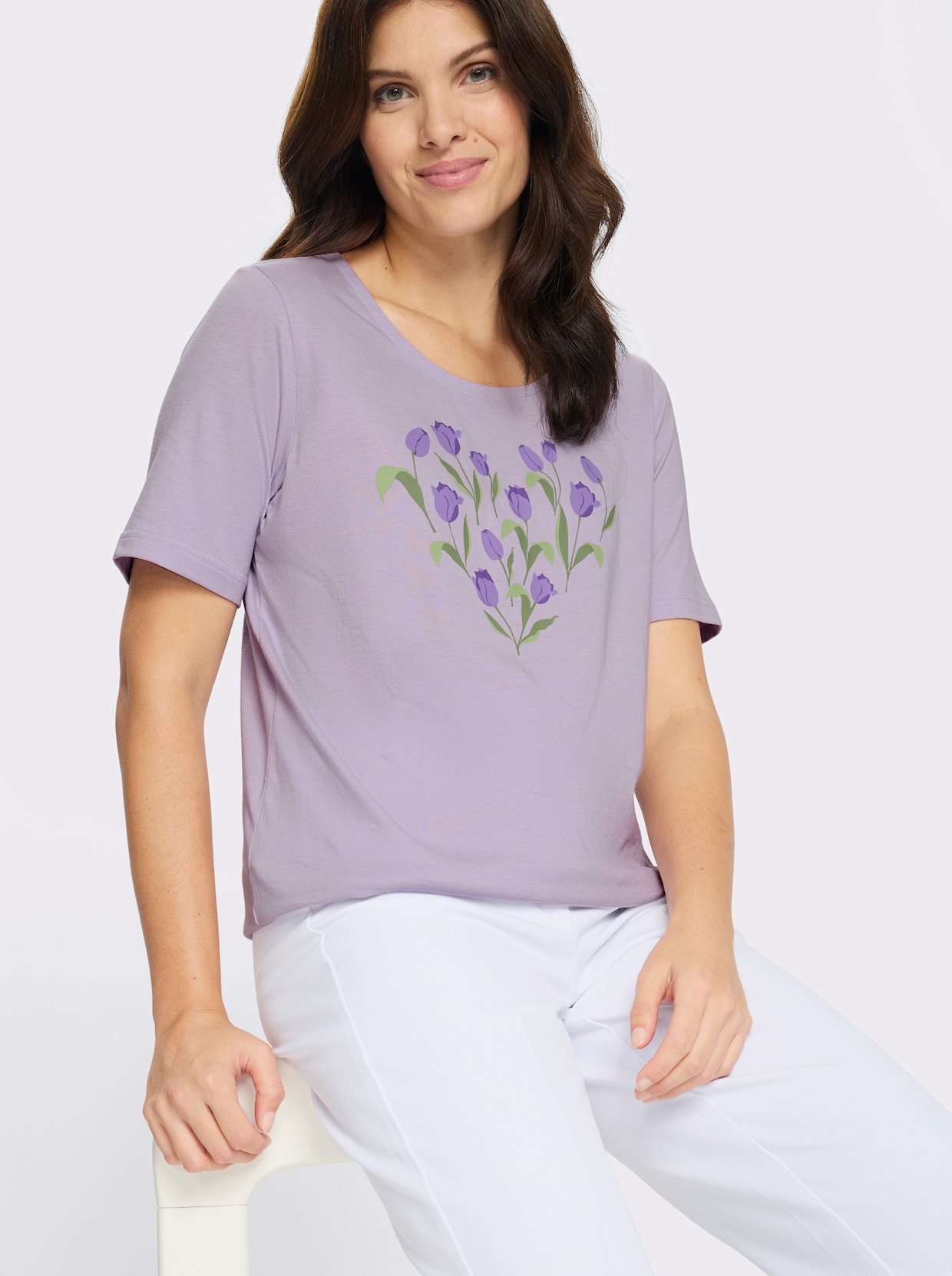 Kurzarmshirt mit platziertem Tulpen-Druck - flieder-lila