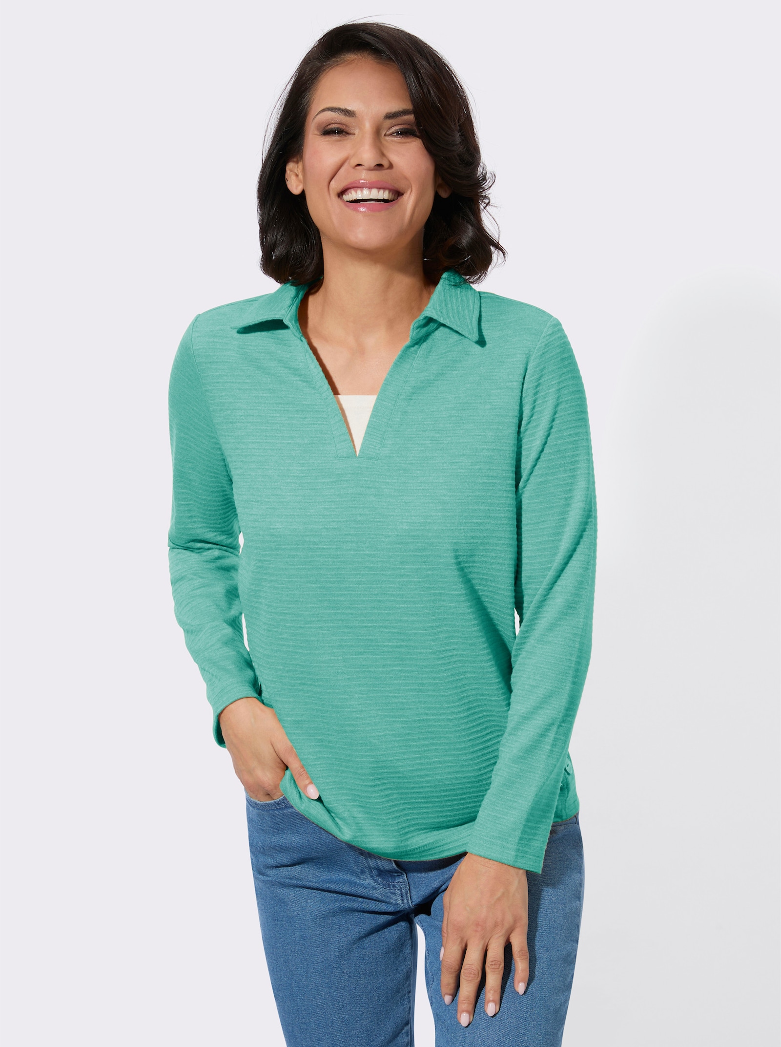 Poloshirt mit seitlicher Knopfleiste - smaragd-meliert