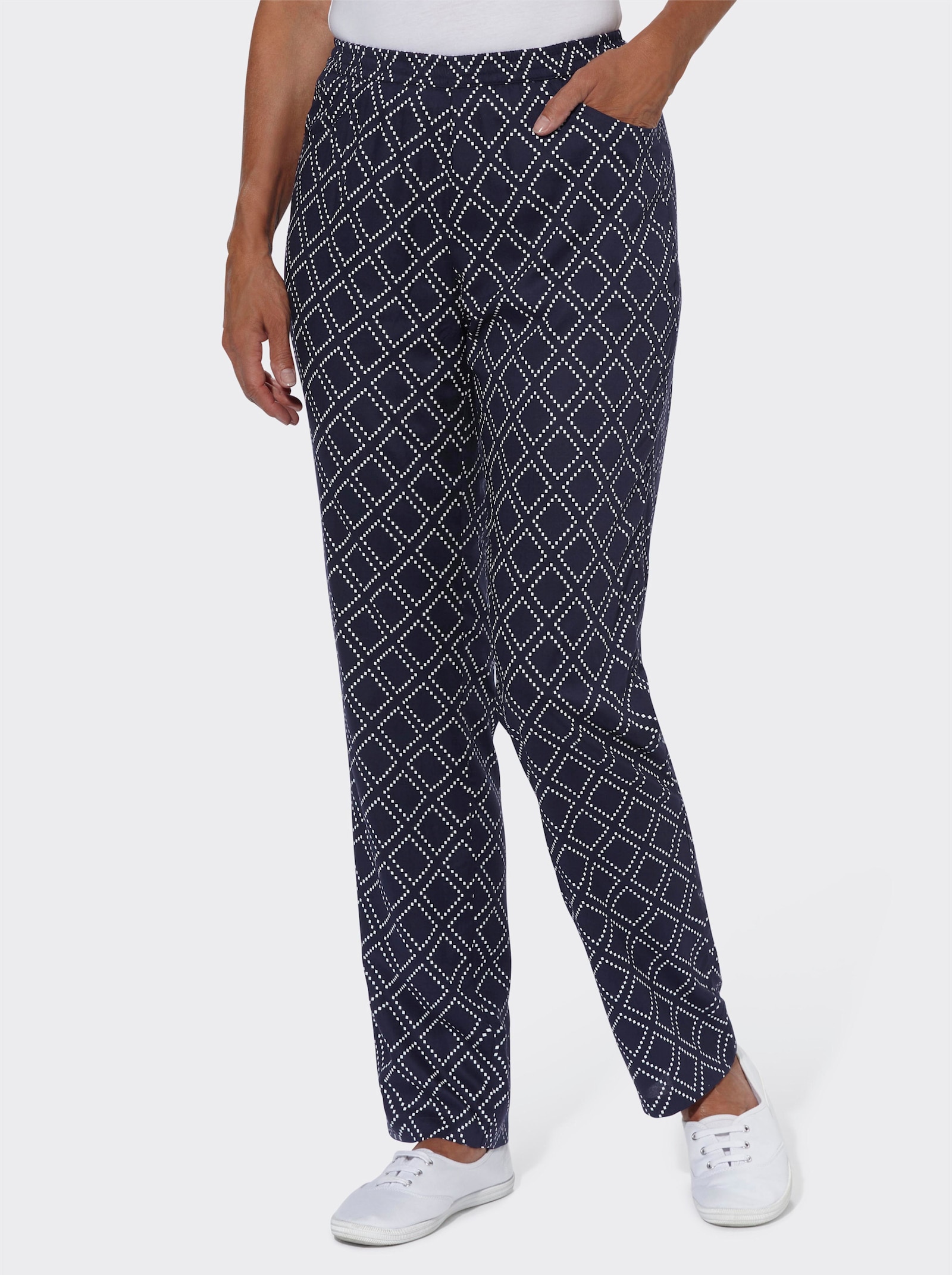 Schlupfhose aus reiner Viskose - marine-weiß-bedruckt