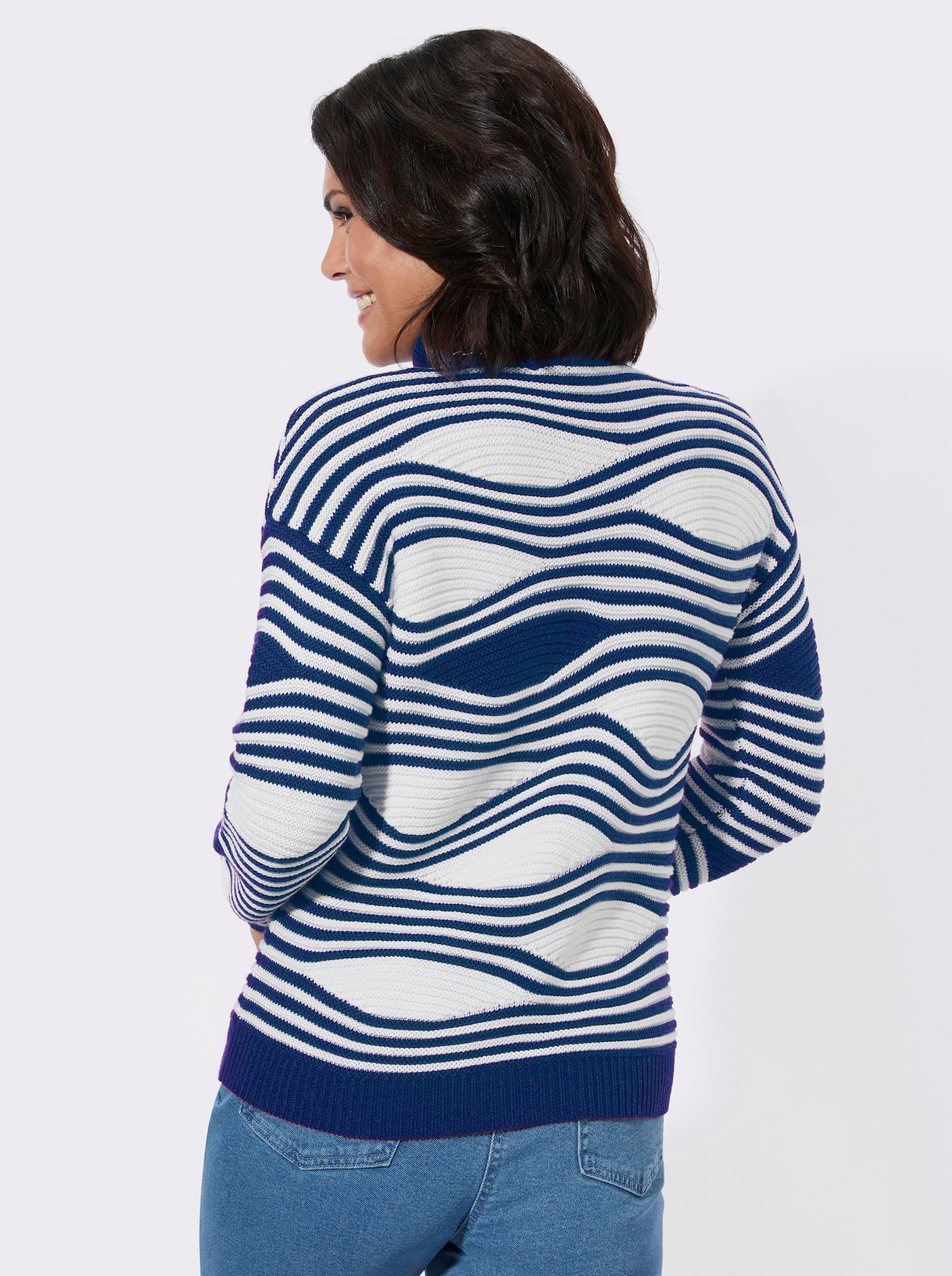 Rollkragenpullover mit Intarsienmuster - royalblau-ecru-gemustert