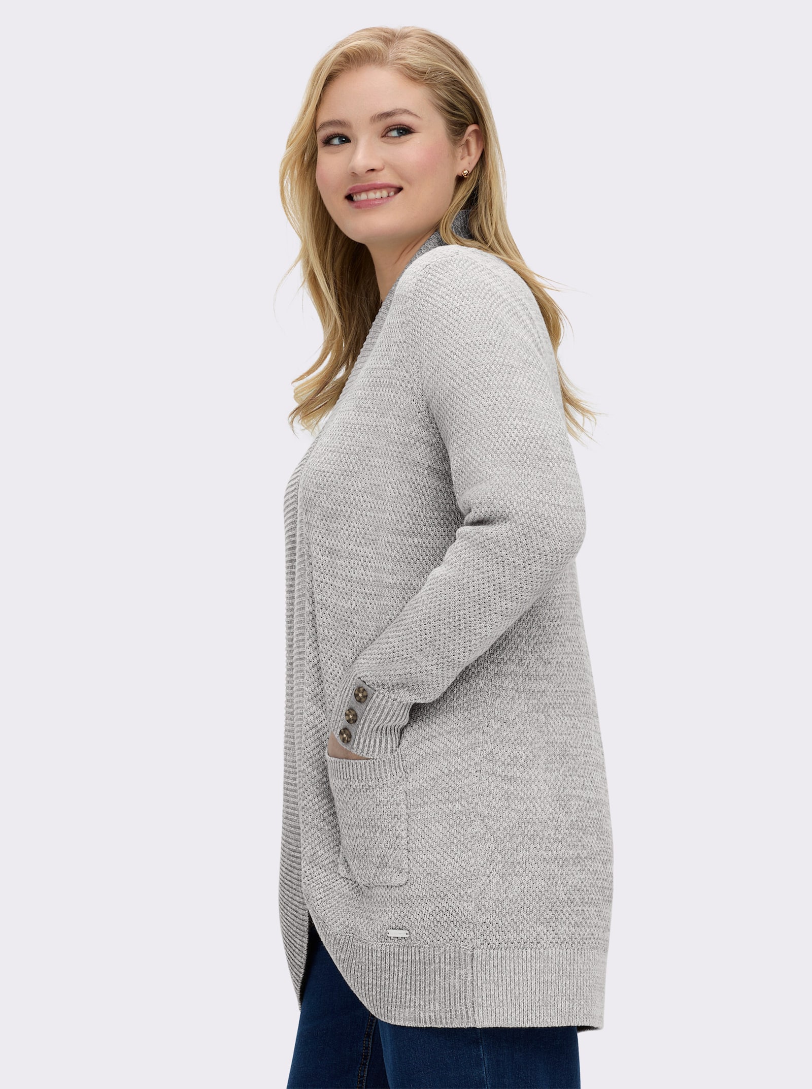 Longstrickjacke mit Struktur-Muster - steingrau-meliert