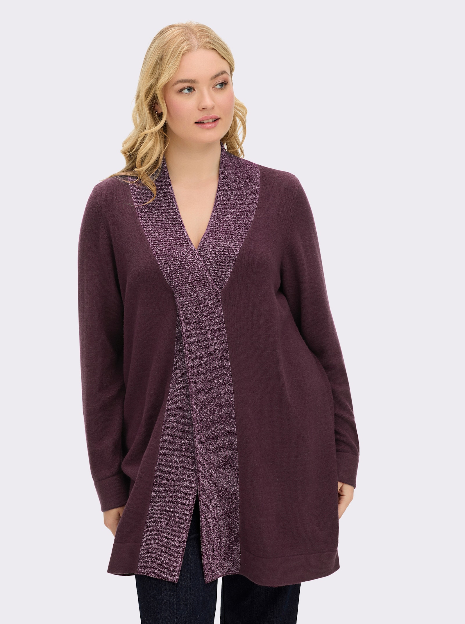 sheego Longpullover mit hohem Schlitz und Glitzerblende - burgund-flieder-meliert