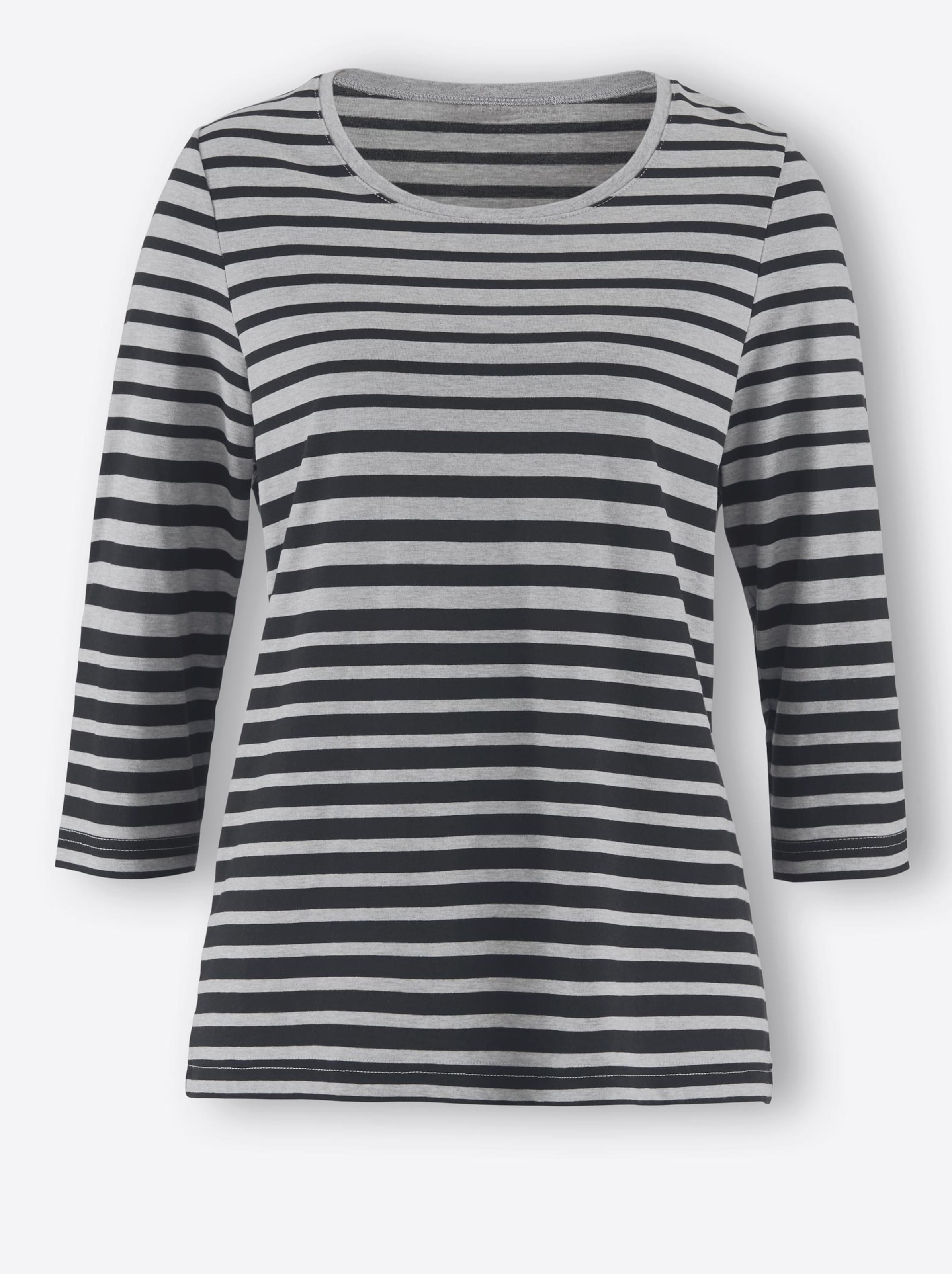 Damenmode Shirts 3/4-Arm-Shirt in grau-schwarz-geringelt Damenmode Shirts 3/4-Arm-Shirt in grau-schwarz-geringelt